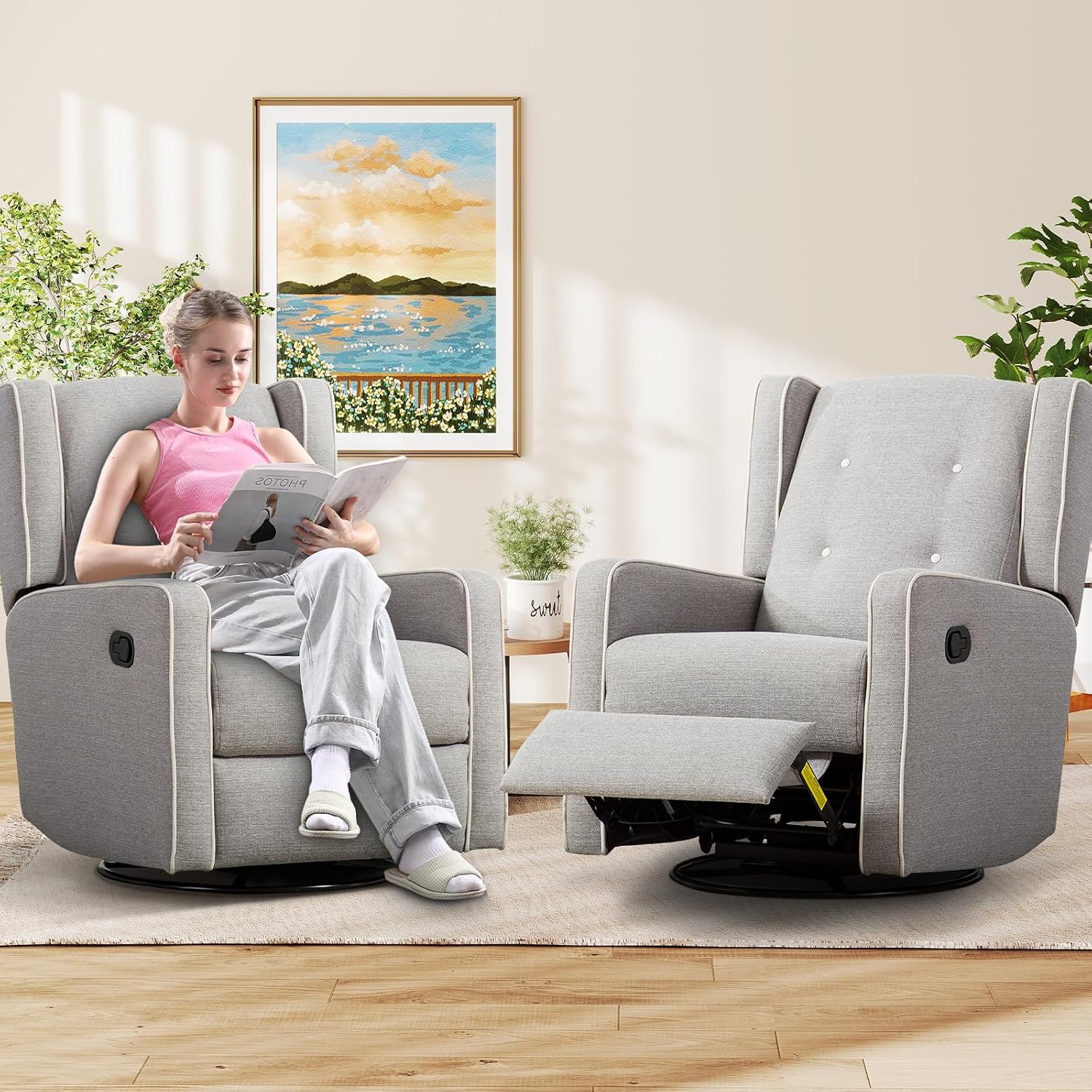 CANMOV Swivel Rocker Recliner Chair, Nursery Glider Chair, Nursery Rocking Chairs, Manual Reclining Chair, Grey