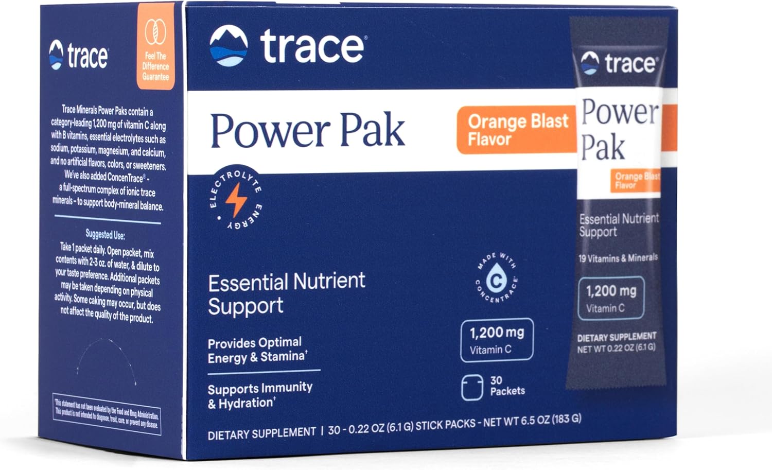 Trace Minerals Power Pak Electrolyte Powder Packets, Orange Blast, 30 Ct | 1, 200 mg Vitamin C plus Zinc, Immunity and endurance support, Sugar free