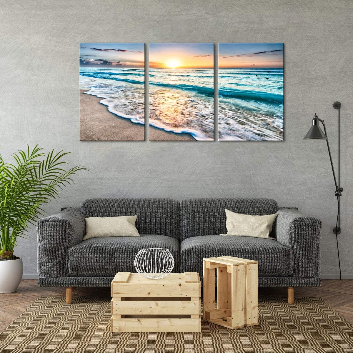 Wieco Art 3 Panel Blue Beach Canvas Wall Art for Home Decor Sunset White Wave Beach Pictures on Canvas Sea View Canvas Prints Artwork for Wall Decor