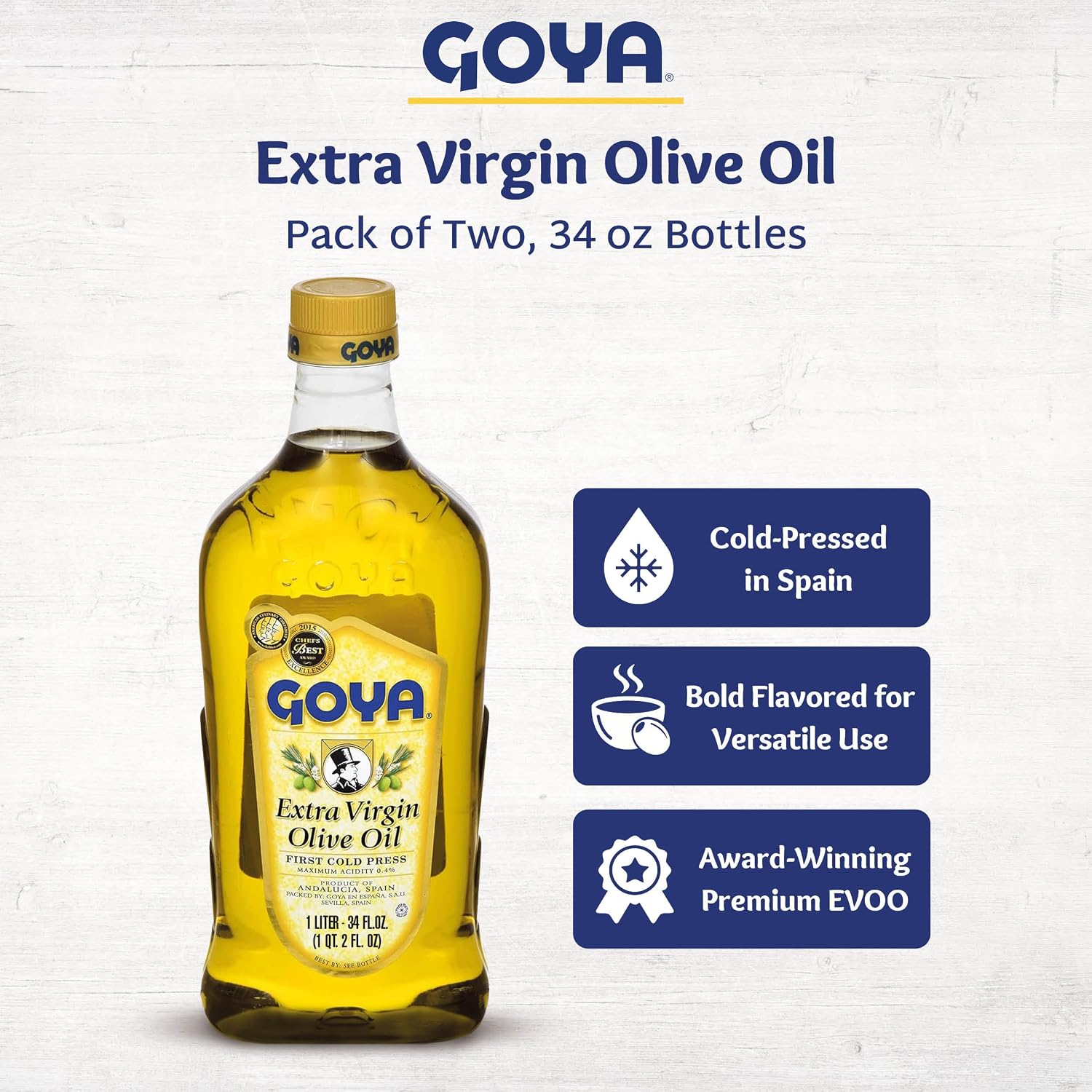 Goya Extra Virgin Olive Oil, Polyphenol Rich, Pressed, Pack of 2, 34 fl oz | Cold Pressed, Evoo Extra Virgin Olive Oil for Cooking, Polyphenol Rich