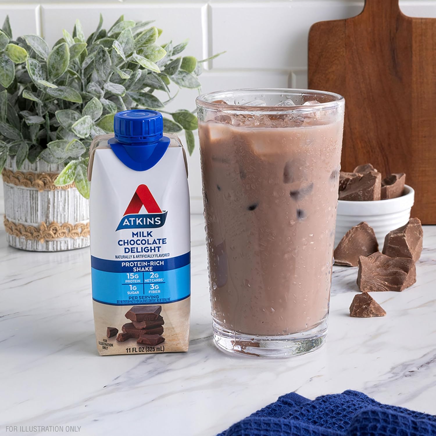 Atkins Milk Chocolate Delight High Protein Shake, 15g Protein, 12 Count | 15g Protein, 3g Fiber, 2g Net Carb, 1g Sugar, Chocolate Flavored, Keto Friendly, Ready to Drink, 12 Count