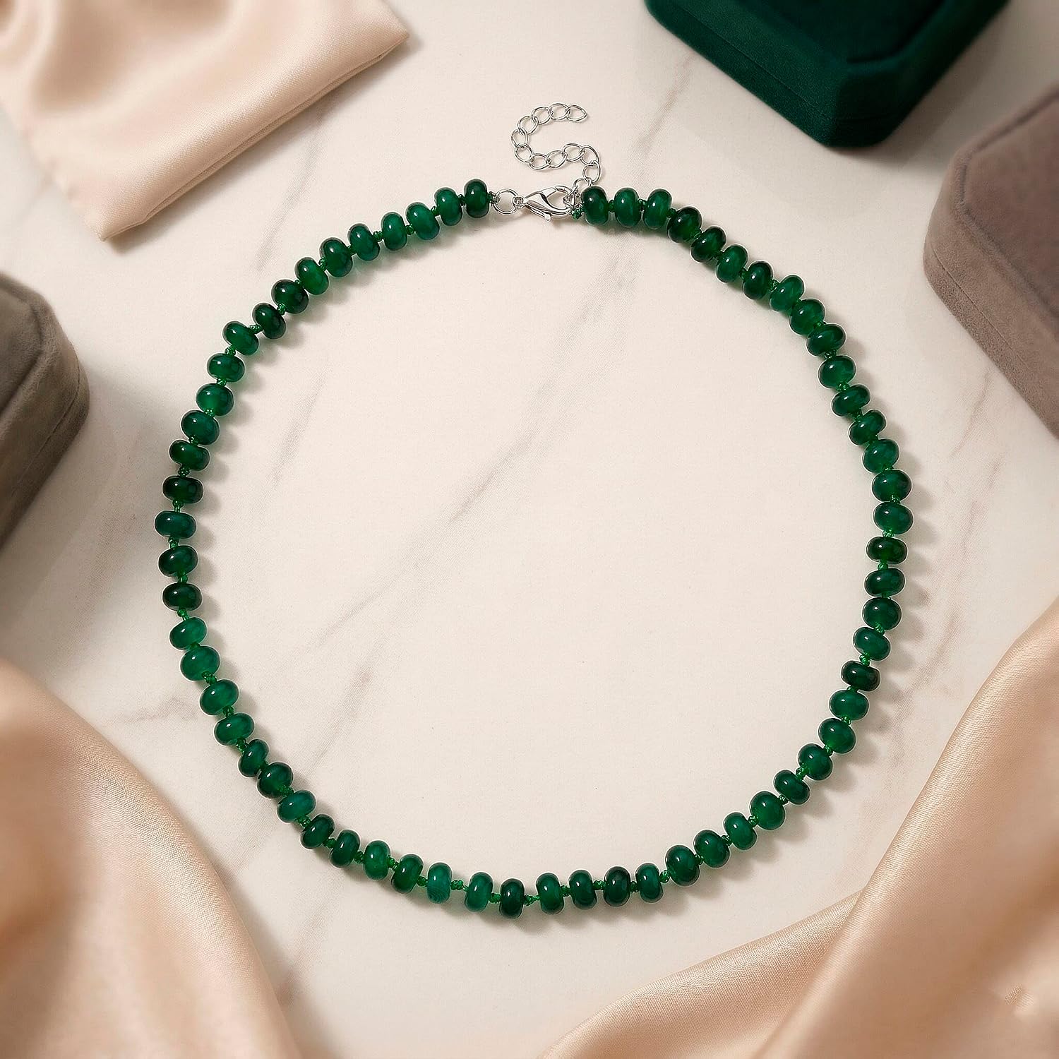 Verde Onyx 180.00 ctw Rondelle Beaded Elegance Necklace in Steel 18-20"