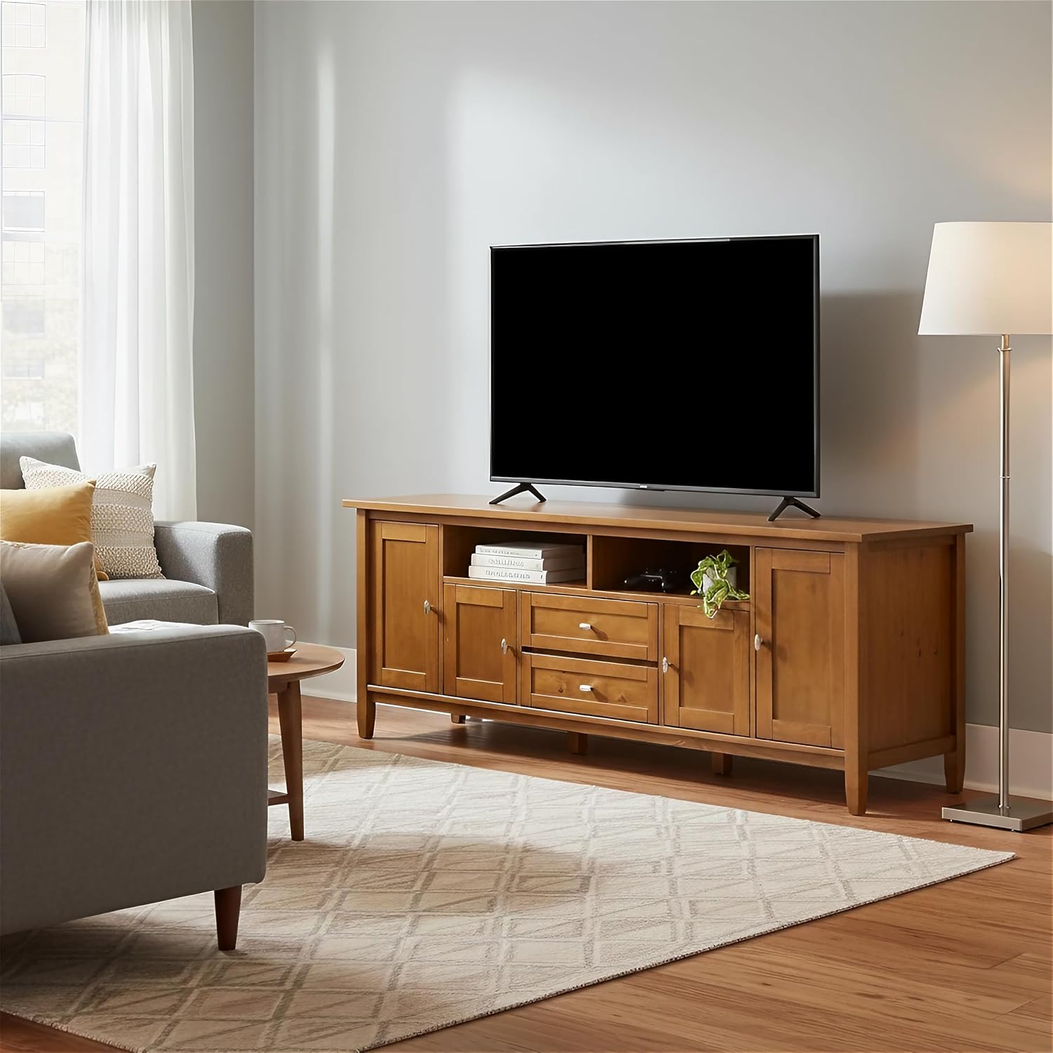 SIMPLIHOME Warm Shaker 47" Wide Solid Wood TV Stand in Light Golden Brown