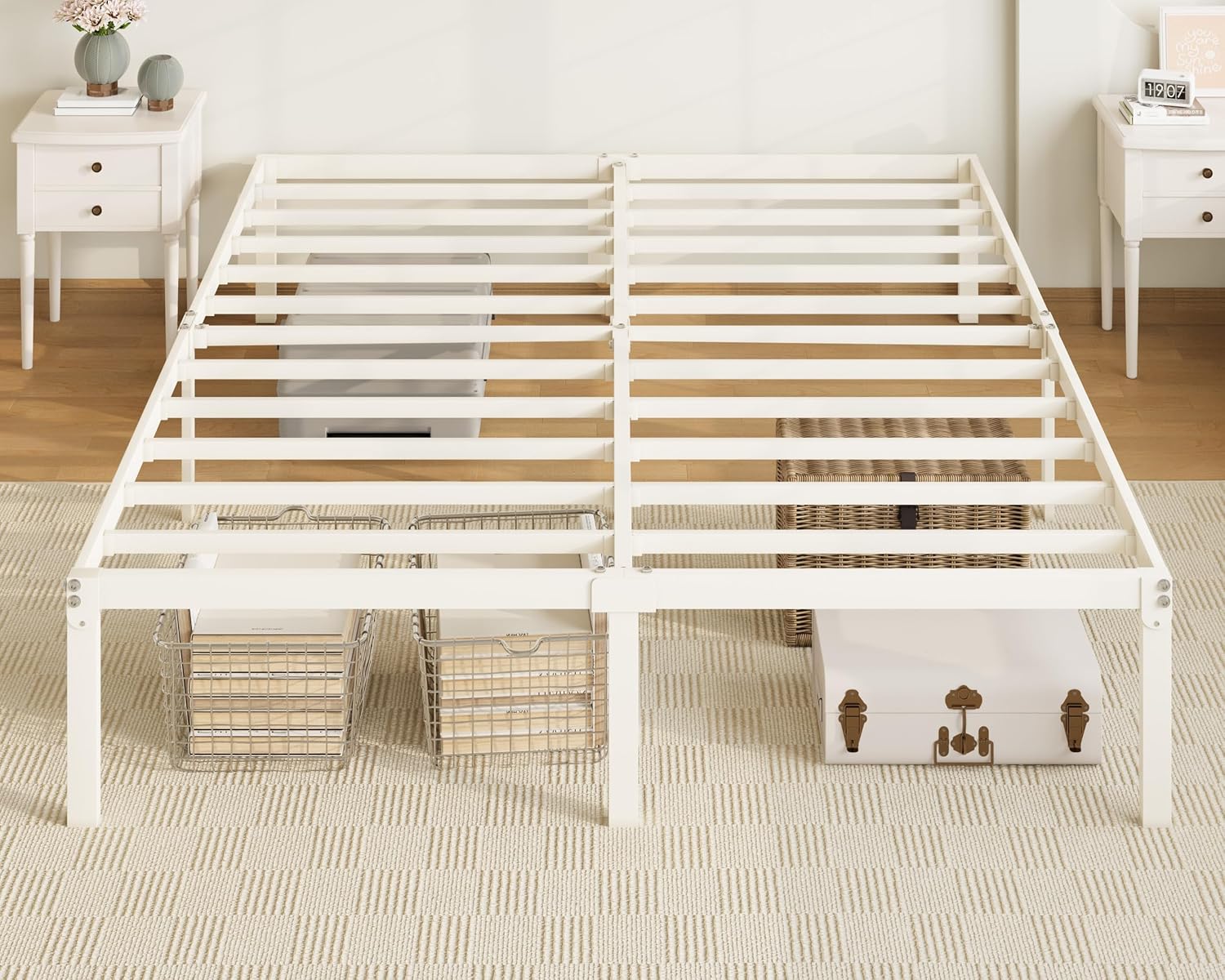 Allewie Full Size Bed Frame, 14 inch Metal Platform Beds with Storage Space, No Box Spring Needed and Easy Assembly, White
