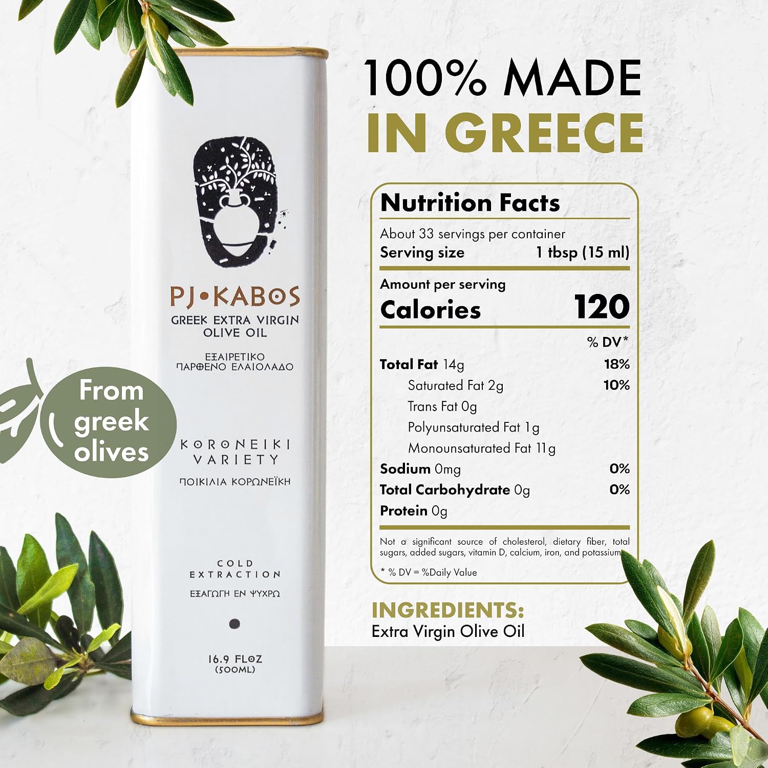 P.J. KABOS Fresh 2025/26 Harvest, High Phenolic (400+mg/kg), Natural Greek Extra Virgin Olive Oil, Kosher, Greece, Cold Extracted, 16.9 oz Tin, Koroneiki, "Family Reserve -Medium"