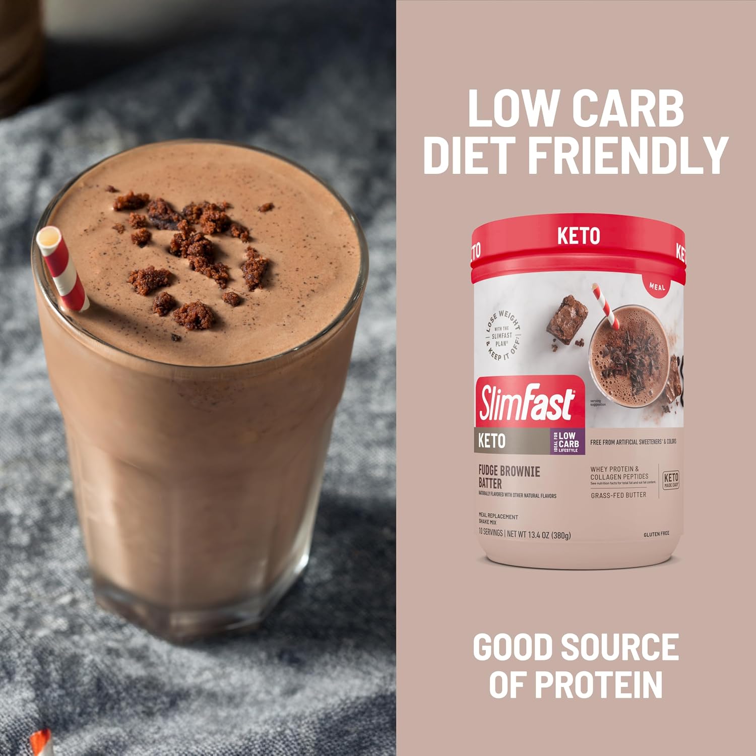 SlimFast Keto Meal Replacement Shake, Fudge Brownie Batter, Low Carb Keto Protein Powder with Collagen & Whey, No Sugar Added, Gluten Free, Weight Loss Support, 10-Serving Canister