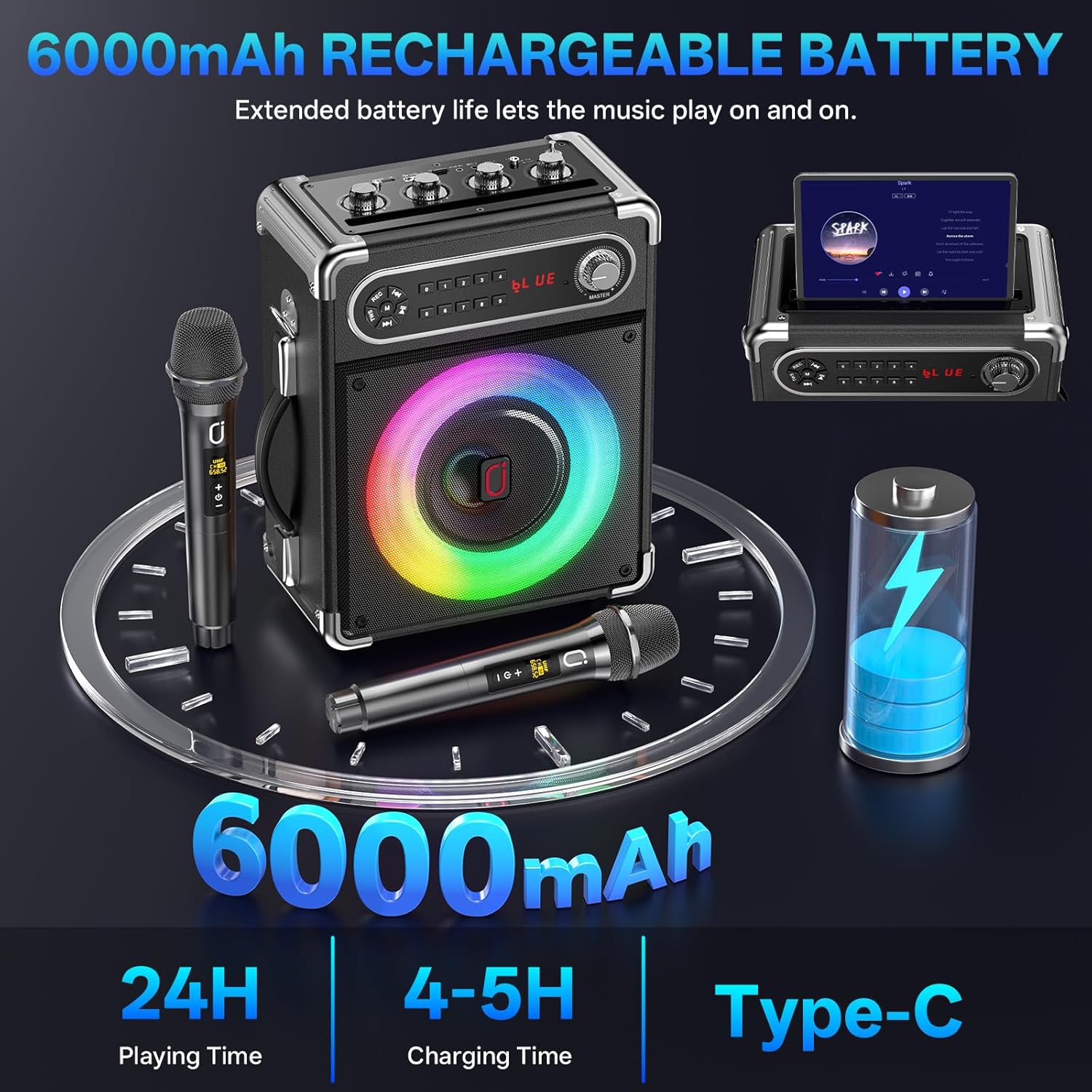 JYX Karaoke Machine, 2 Wireless Microphones, Portable Bluetooth 5.3 PA Speaker with Disco Lights, Smart TV Compatible, Upgraded Subwoofer