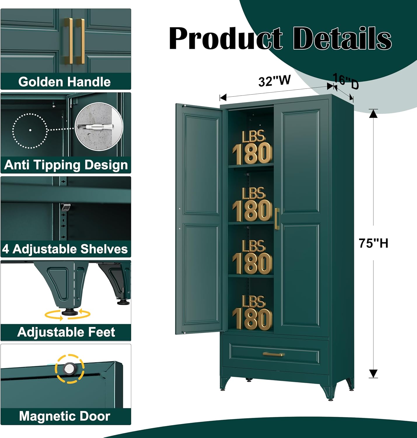 Steeloong 71"Metal Pantry Storage Cabinet with Doors & 4 Adjustable Shelves | Kitchen Pantry Cabinet,White Kitchen Cabinet with 2 Gold Handles,Tall Cabinet for Livingroom,Pantry, Bathroom,Kitchen