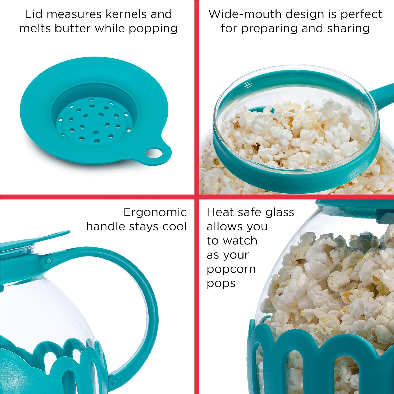 Ecolution Patented Micro-Pop Microwave Popcorn Popper with Temperature Safe Glass, 3-in-1 Lid Measures Kernels and Melts Butter, Made Without BPA, Dishwasher Safe, 3-Quart, Red