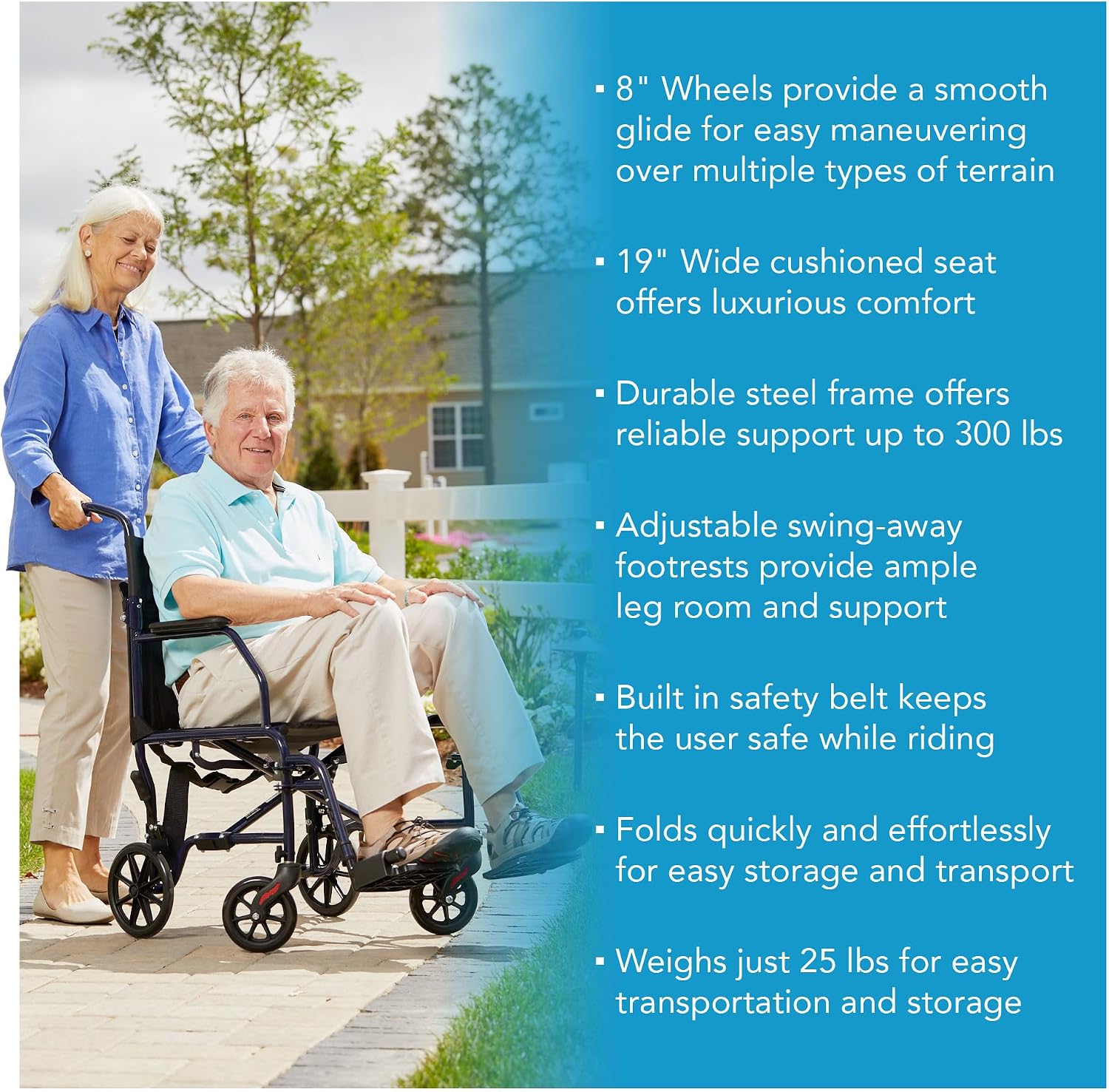 Carex Transport Wheelchair With 19 inch Seat, Folding Transport Chair with Foot Rests, Foldable Lightweight Wheelchair Foldable for Storage and Travel