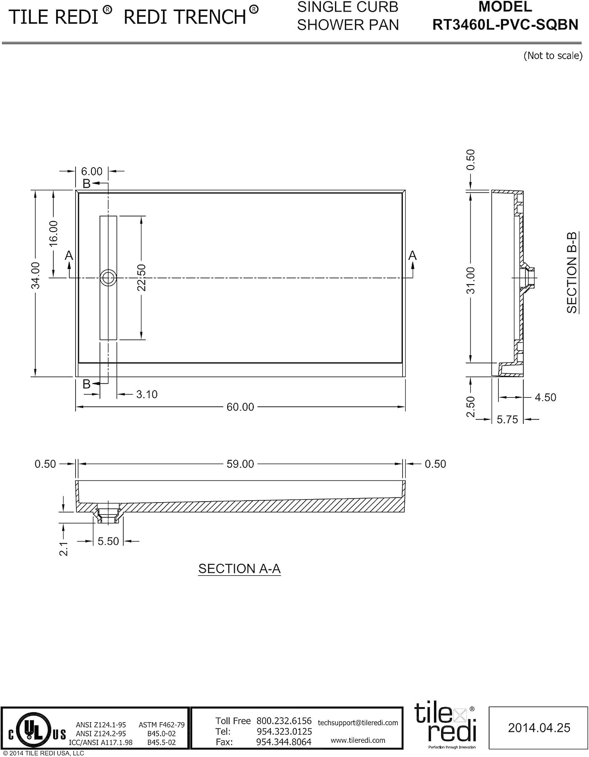 Tile Redi RT3460L-PVC-SQBN Shower Pan, 60" x 34" | Left Drain, Single Curb, 2" PVC Drain Included, Grate Included