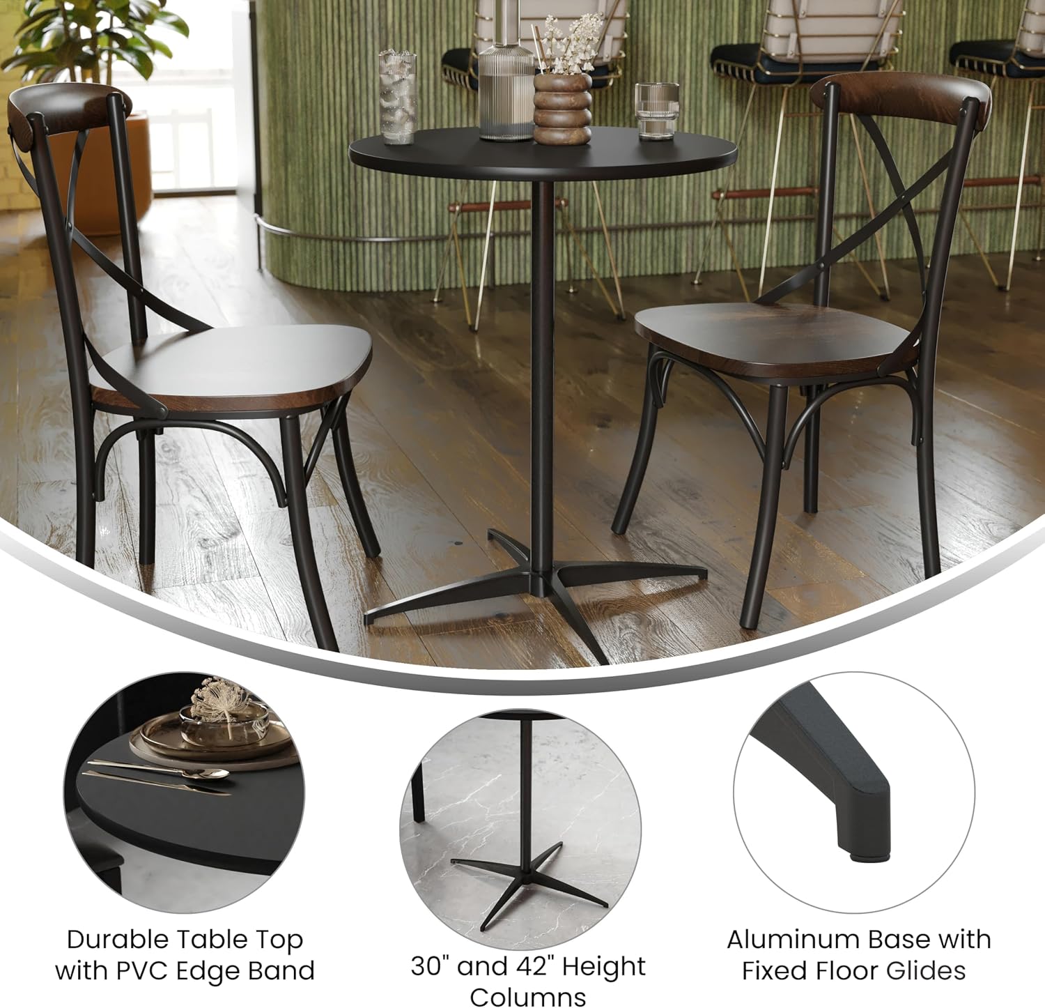 Flash Furniture Lars 24" Round Wood Cocktail Table with 30" and 42" Adjustable Columns, Adjustable Bar Height, for Events or Home Use