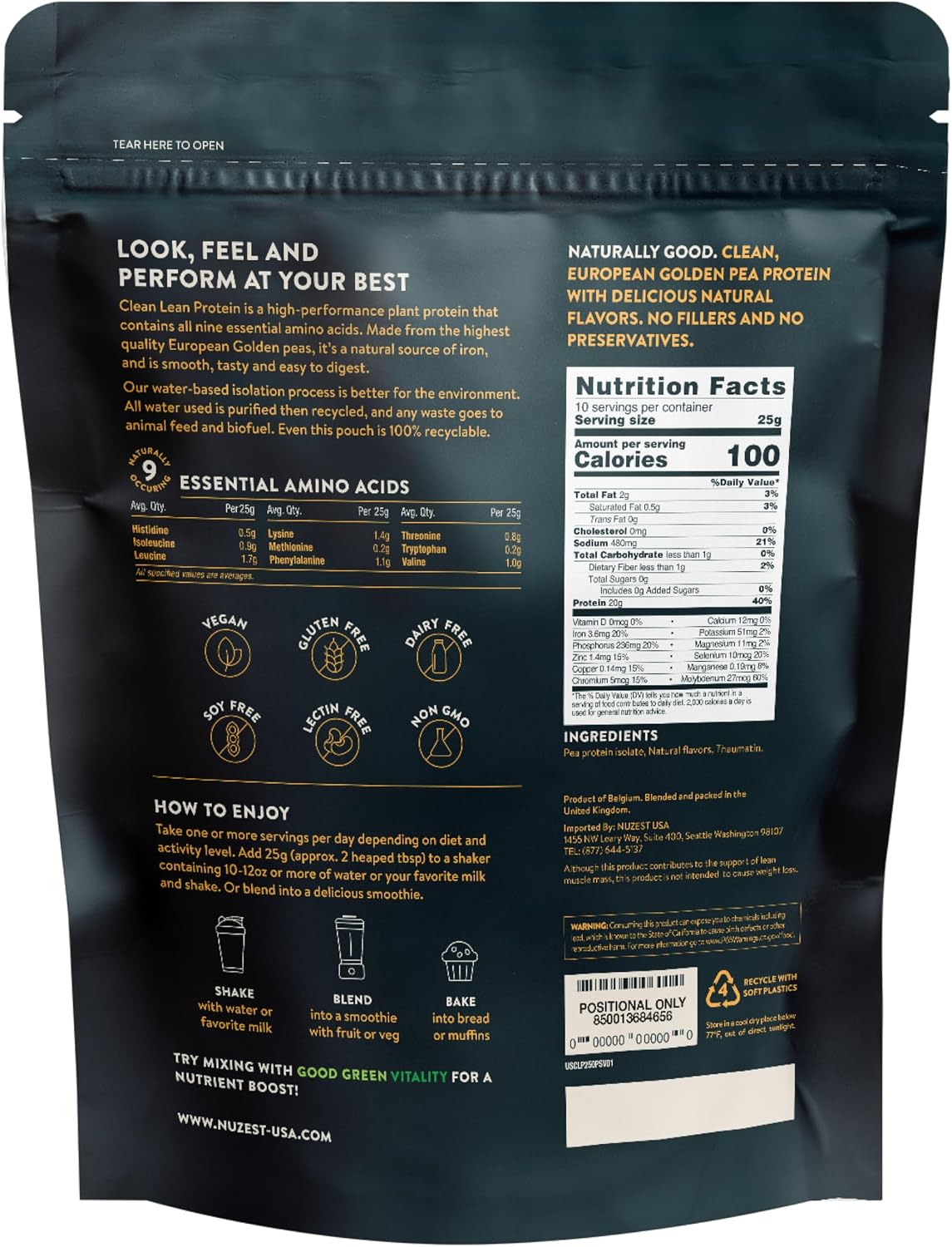 Nuzest Clean Lean Protein - Vegan Pea Protein Powder Rich Chocolate 1.1 lb | 20 Servings with 18g Protein Plant Based Protein Powder, Only 4 Ingredients, Dairy Free, Gluten Free, GMO Free, Protein Shake