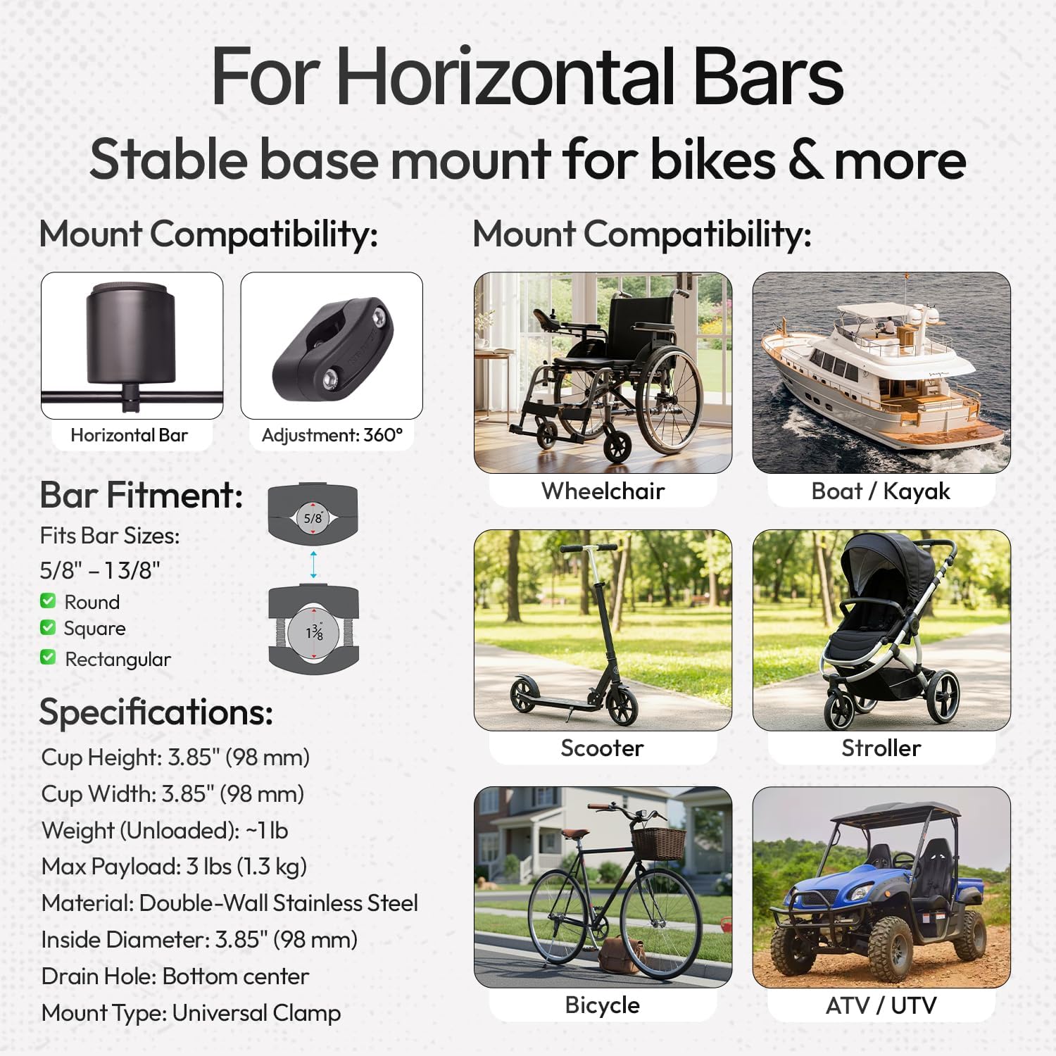 Kroozie 2.0 Bicycle Cup Holder - The Ultimate Bike Cup Holder for Beach Cruisers, E-Bikes, Scooters, Strollers – A premium stainless steel handlebar drink holder that lasts