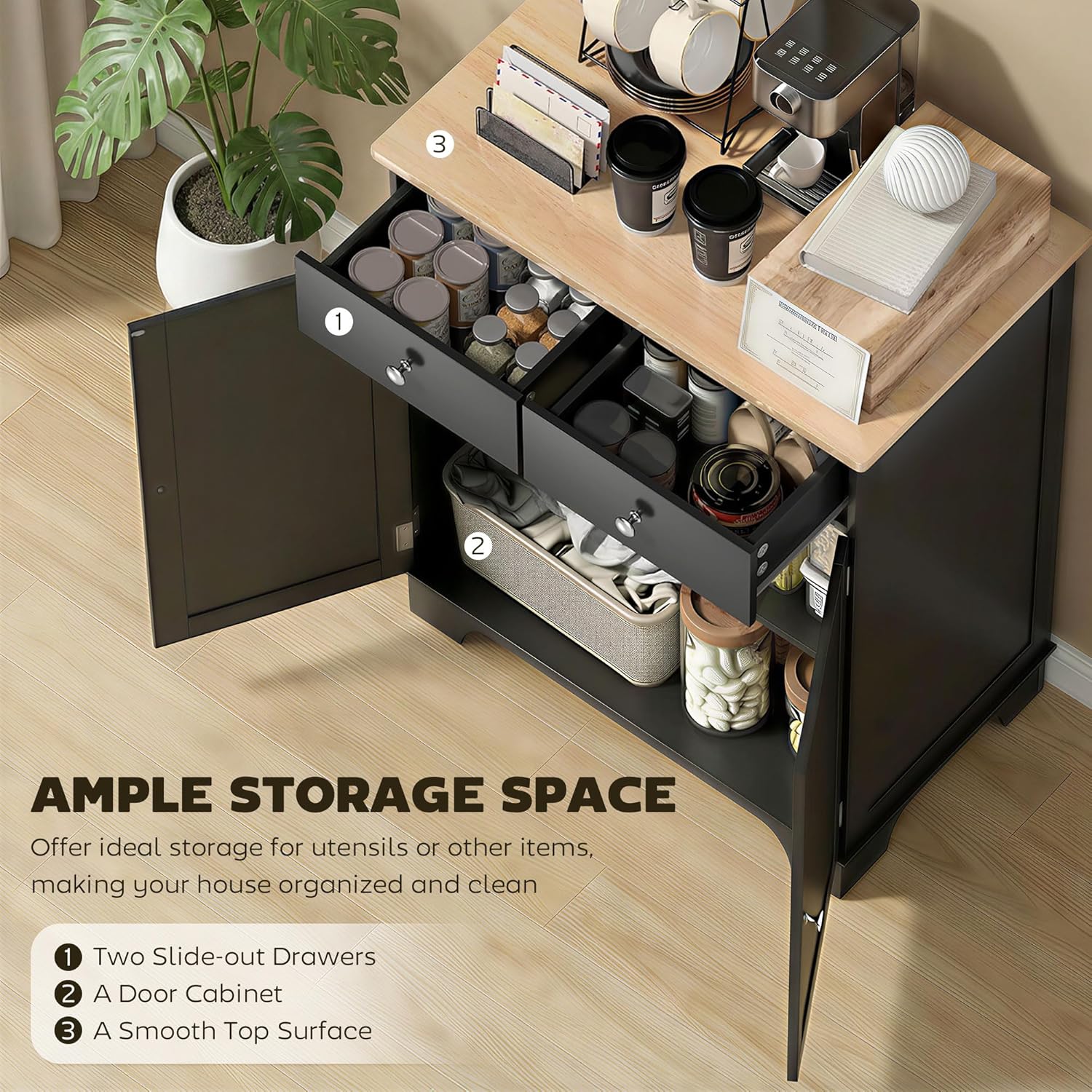 HOMCOM Sideboard Buffet Cabinet Solid Wood Countertop White