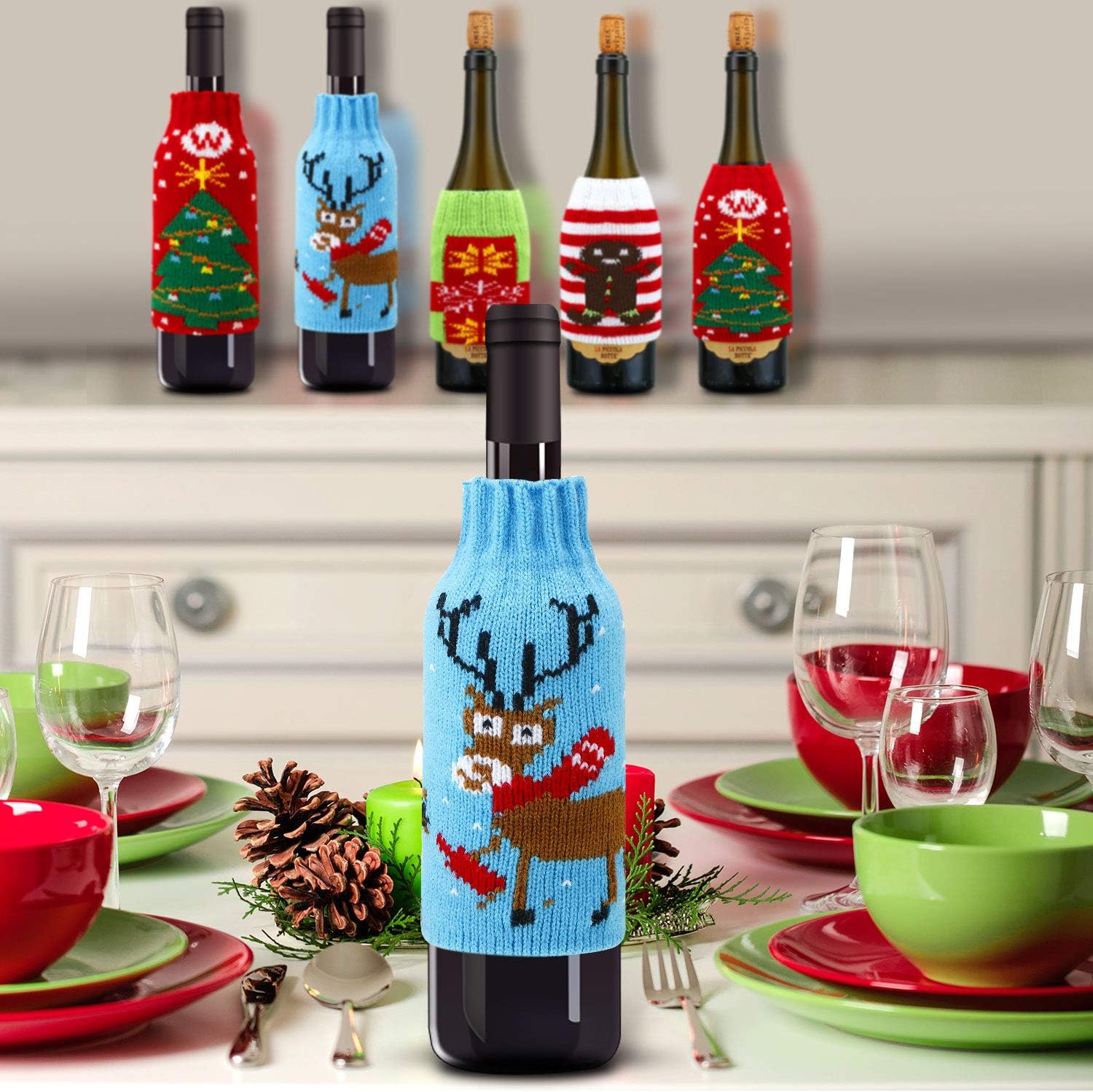 Boao 6 Sets Christmas Wine Bottle Cover and Hats Decoration Handmade Ugly Sweater Knit Wine Bottle Dress Santa Reindeer Snowman for Christmas