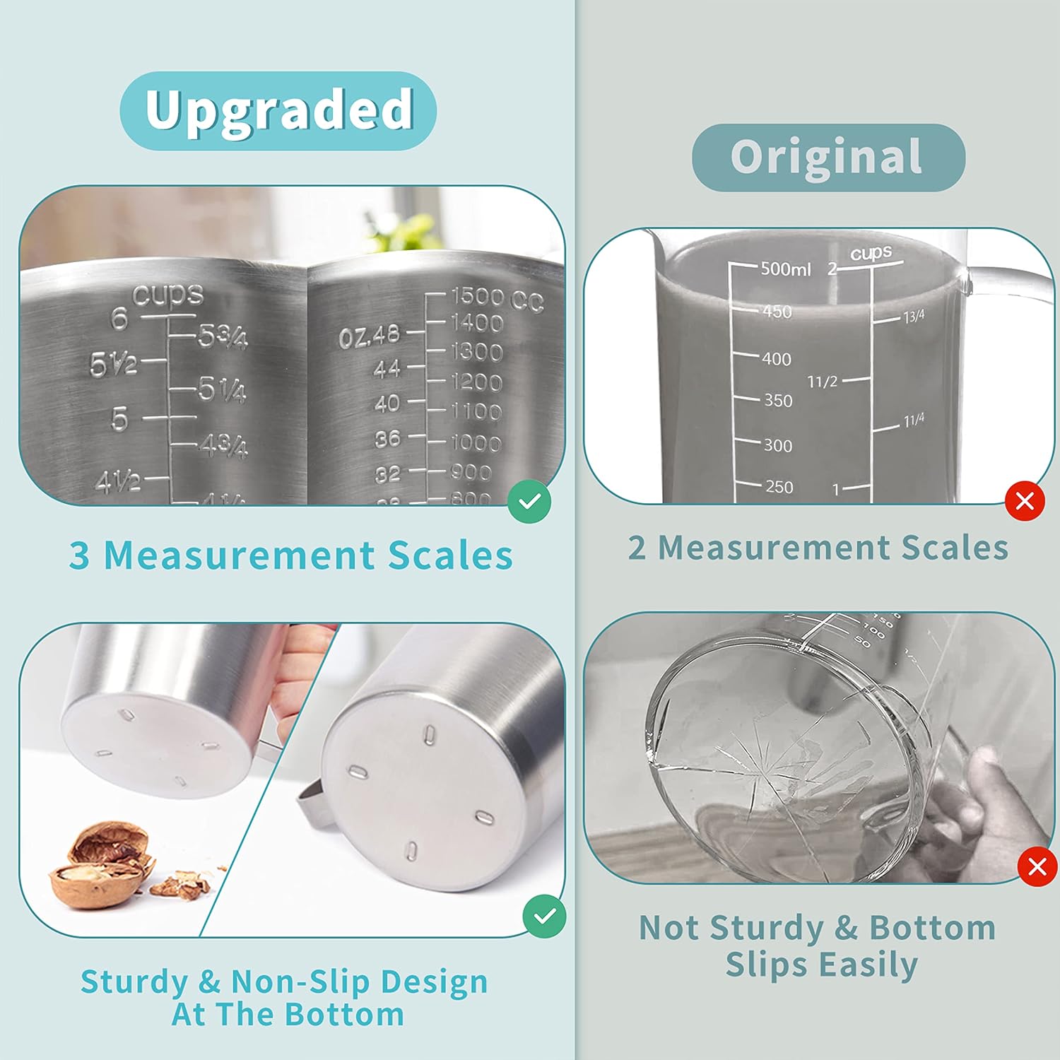 Newness Stainless Steel Measuring Cup, Metal Measuring Cup with Handle (Upgraded, 3 Marking Including Cup/ML/Ounce Scale), 16 Ounces (0.5 Liter, 2 Cup)