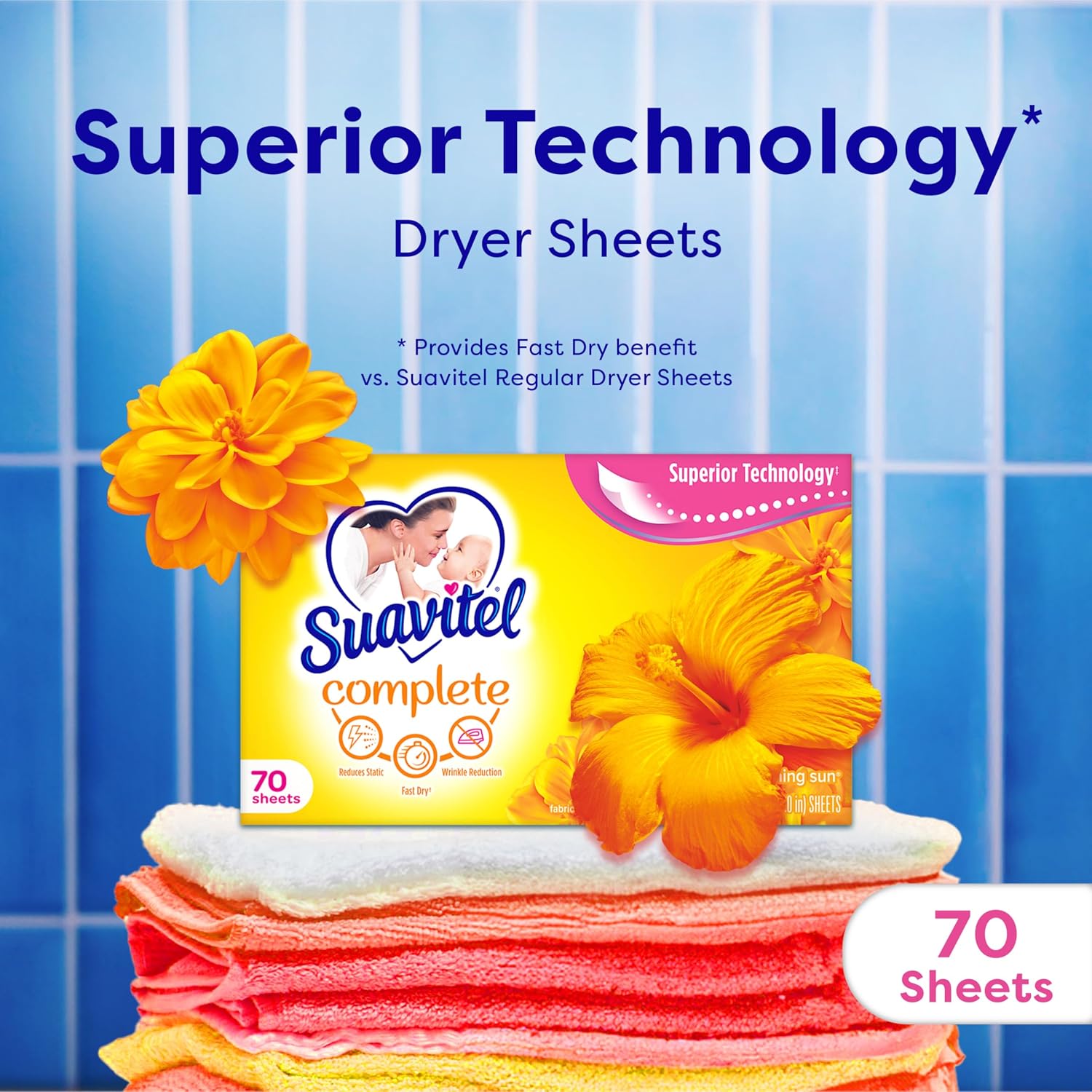 Suavitel Fast Dry Fabric Conditioner Sheets, Magical Morning Sun, 70 Count | Fabric Conditioner, Laundry Sheets, Reduces Static, Wrinkle Reduction