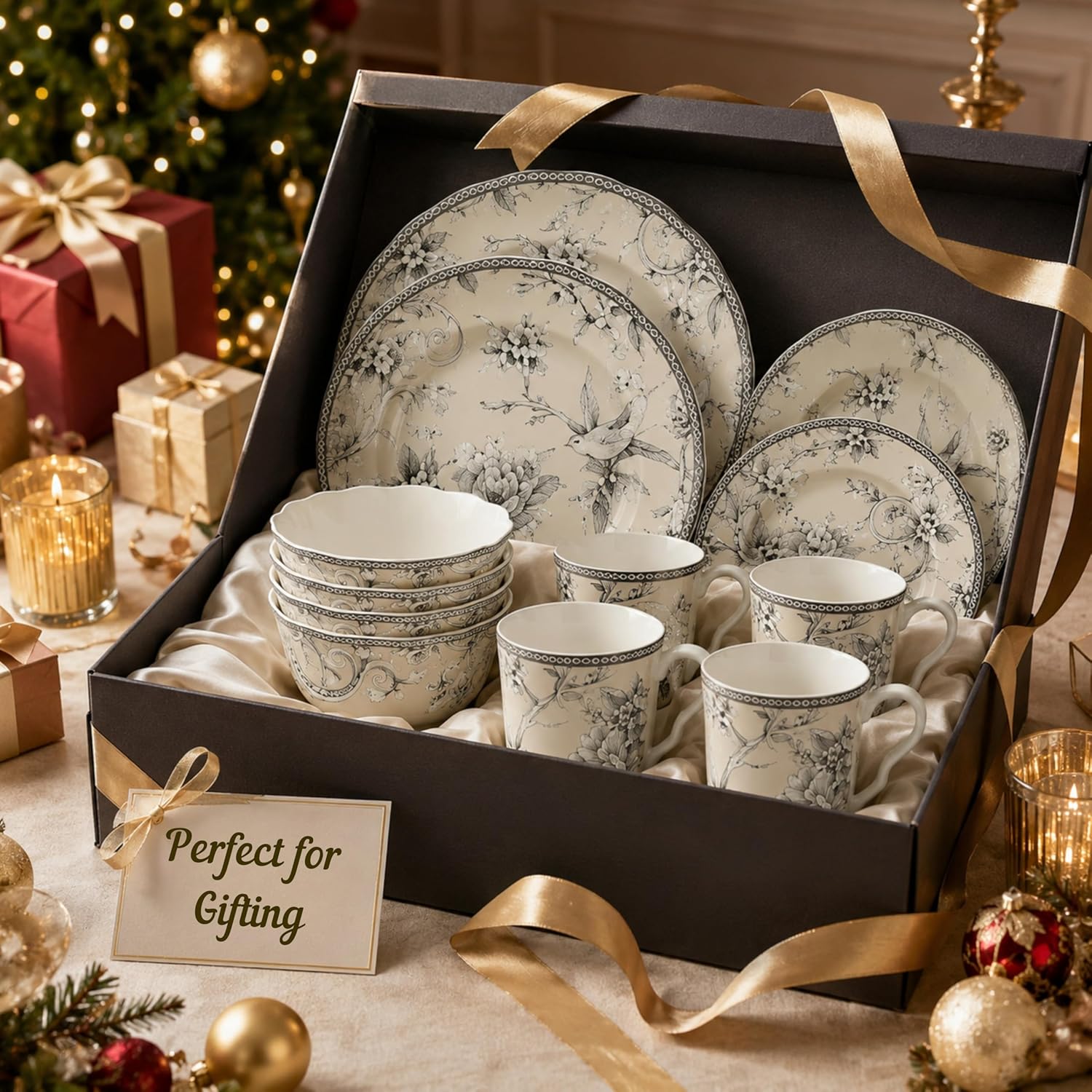 222 Fifth Adelaide 16-Piece Black Porcelain Dinnerware Set – Service for 4, Featuring Hand-Applied Romantic Woodland Bird Design
