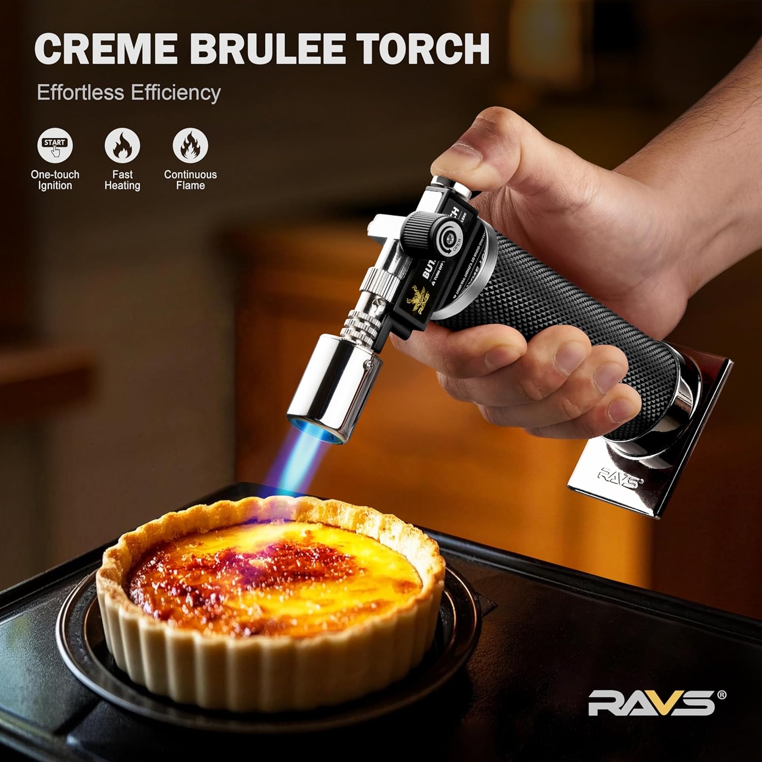 RAVS Butane Torch Lighter, Premium Metal Kitchen Torch with Adjustable Flame & Safety Buckle, Refillable Creme Brulee Torch for Baking, BBQ, DIY