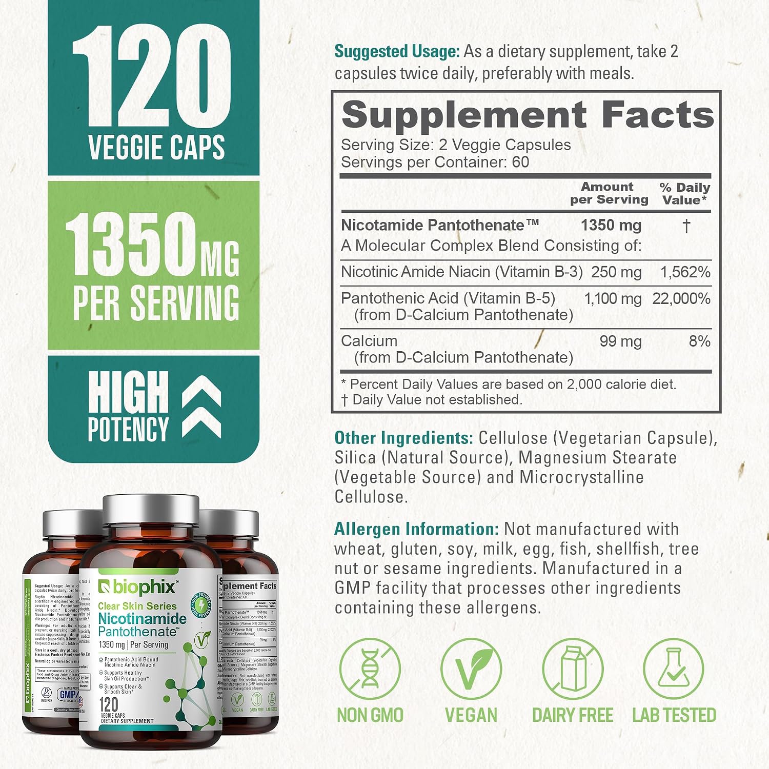 biophix B-3 Nicotinamide Pantothenate 1350 mg 120 Vcaps - Clear Skin Series B5 Pantothenic Acid Natural Flush-Free Nicotinic Amide Niacin - Supports