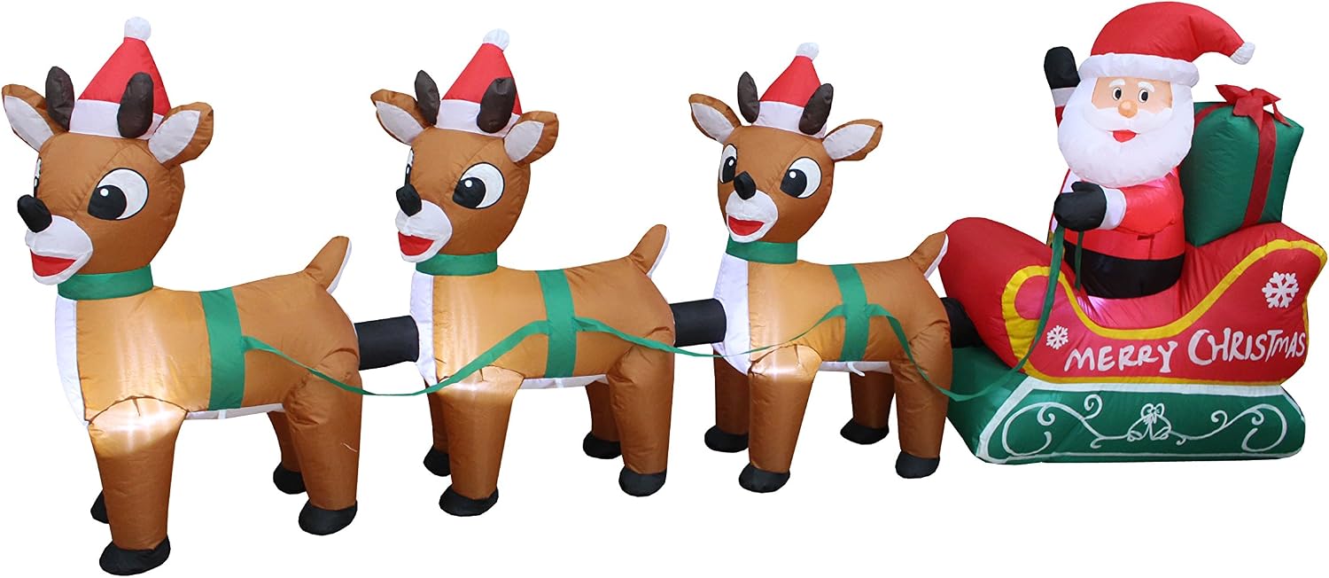 8 FT Lighted Christmas Inflatable Santa Claus on Sleigh with 3 Reindeer | Outdoor Indoor Holiday Decoration, Built-in LED Lights