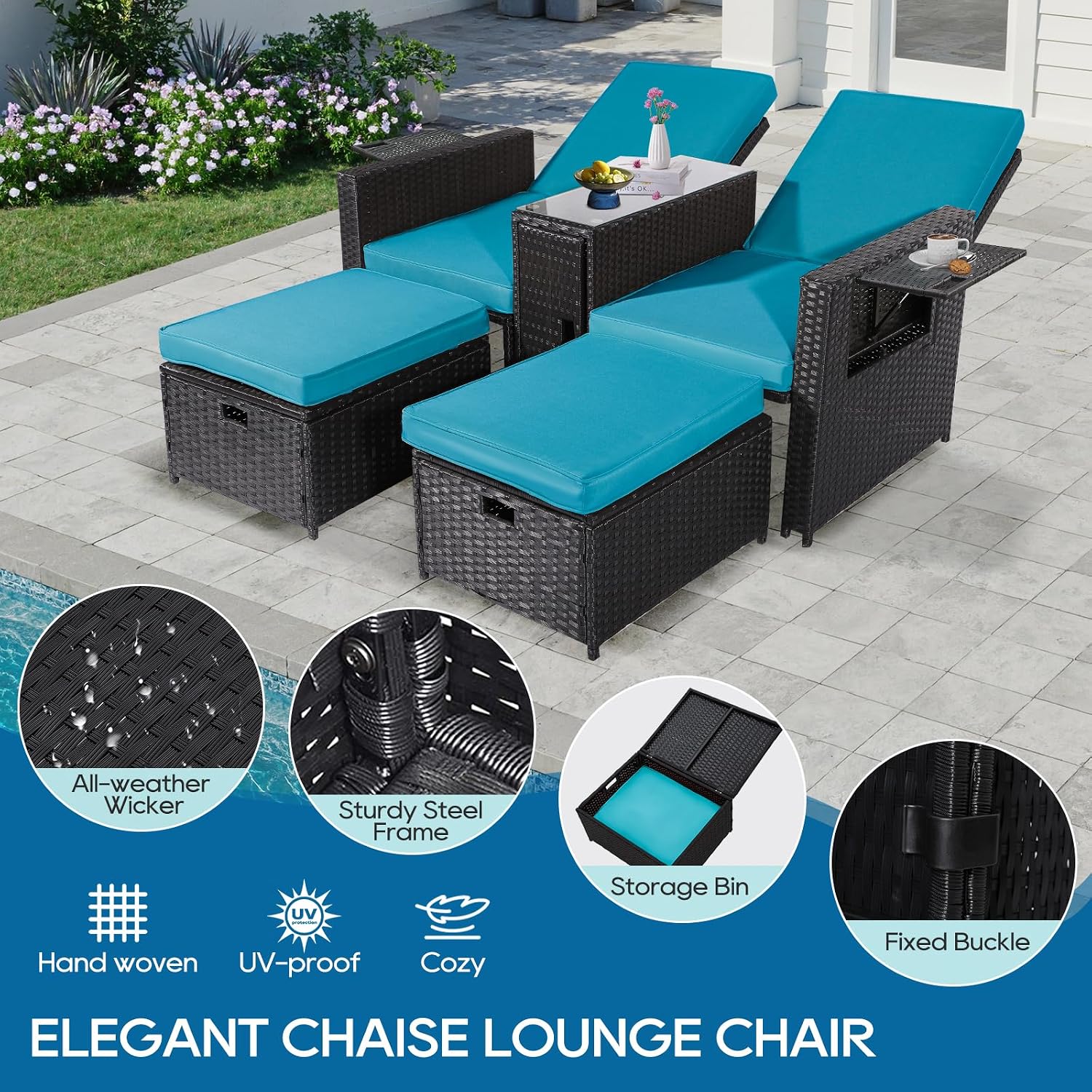 5PCS Outdoor Wicker Chaise Lounge Chair - Rattan Adjustable Reclining Patio Lounge Chair with Ottoman and Coffee Table