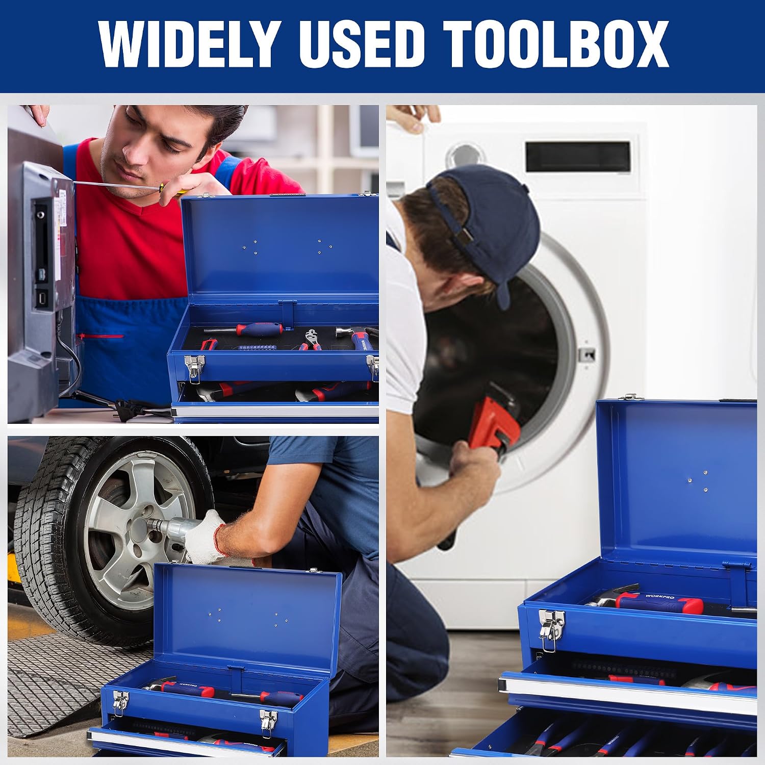 WORKPRO 15 Inch Metal Tool Box with 2 Drawers & 1 Top Storage, Heavy Duty Portable Tool Box with Handle for Garage, Office and Home, Up To 85 LBS Load Capacity