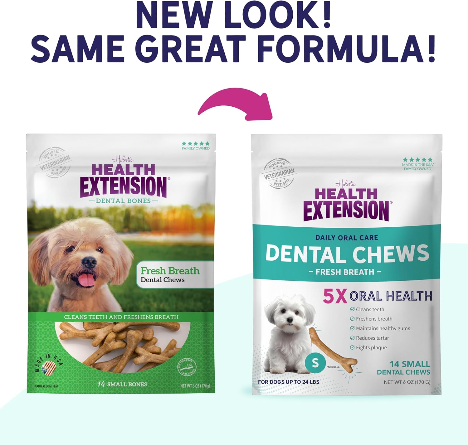 Health Extension Probiotic Dental Bones for Dogs, 14 Small Bones, Cleans Teeth, Healthy Gums, Freshens Breath, Training or Reward, 6 oz Bag (Pack of 1)