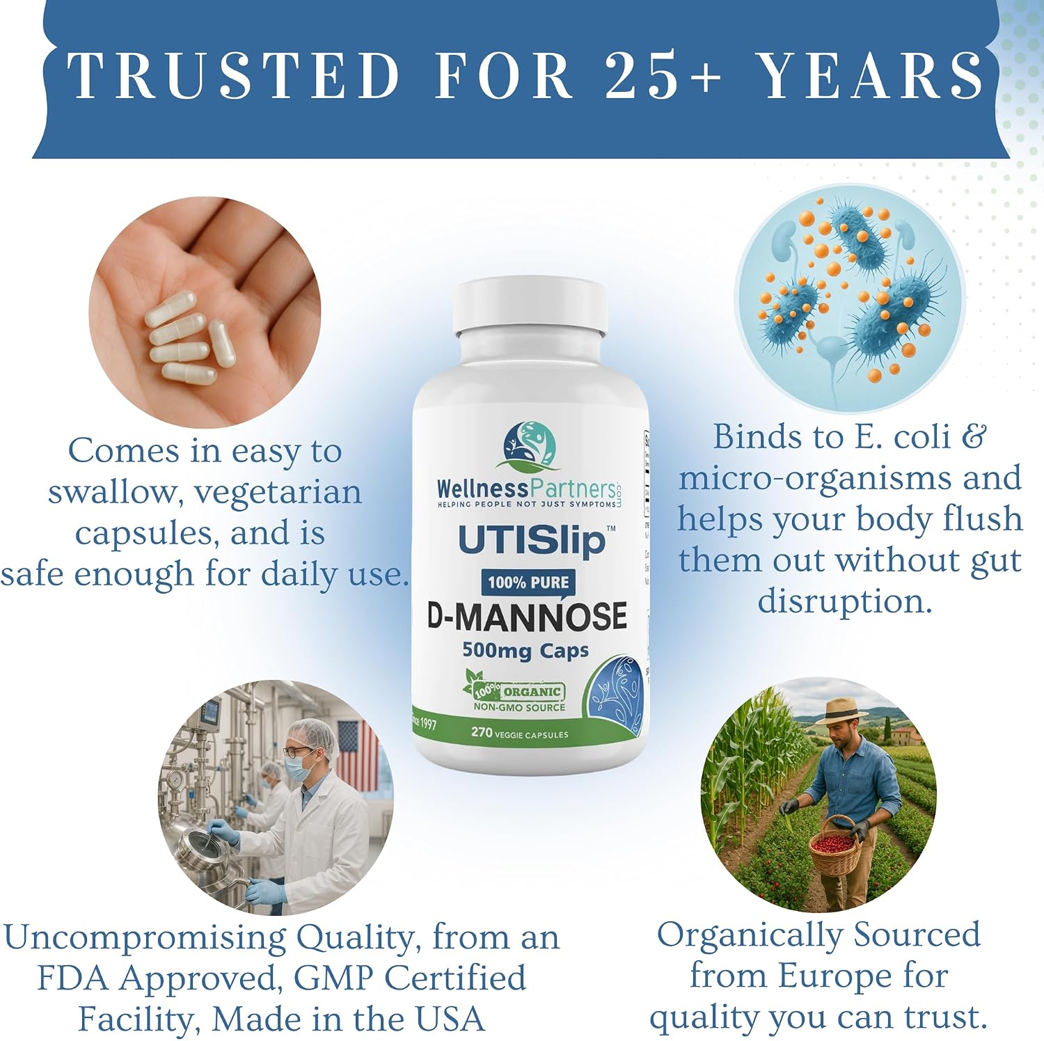 UTI Slip D-Mannose Non GMO Organic Source Veggie Capsules 90 Count (500 Mg)