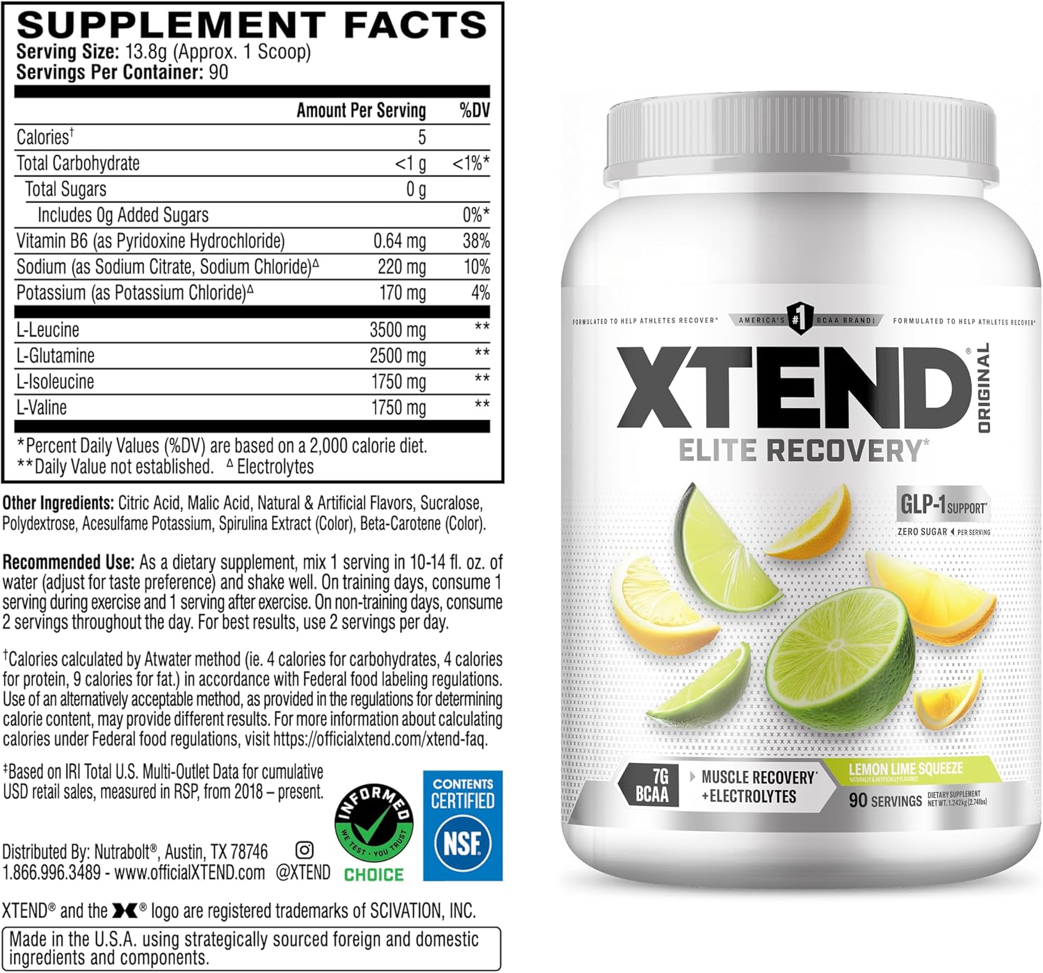 Xtend Original BCAA Powder, 7g BCAAs and 2.5g L-Glutamine for Muscle Recovery Hydration and Lean Muscle, Sugar Free Intra and Post Workout Drink with Electrolytes, Watermelon Explosion, 30 Servings