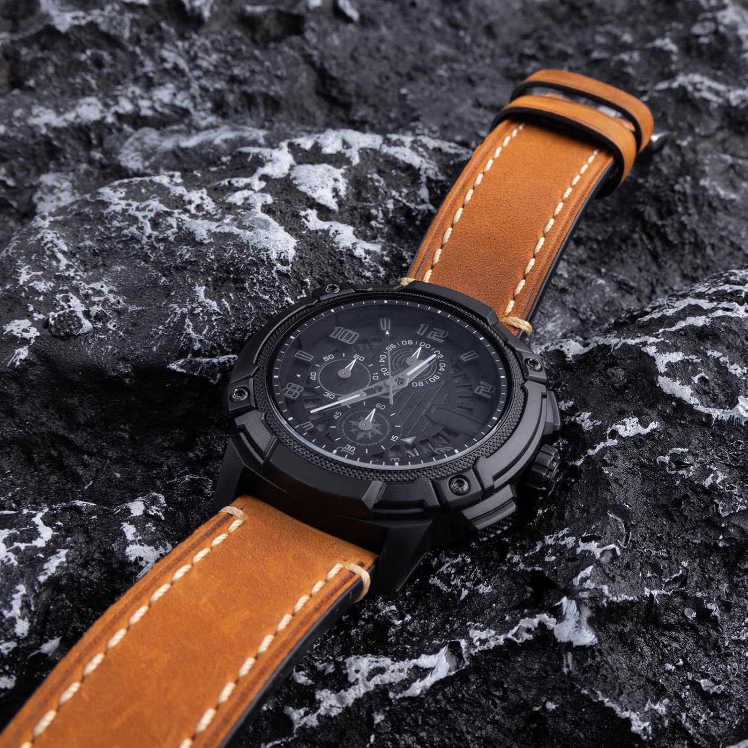 Dark Brown 22mm Genuine Leather Wristwatch Watch Band Oil Tan Vintage Strap for Men with Stainless Buckle