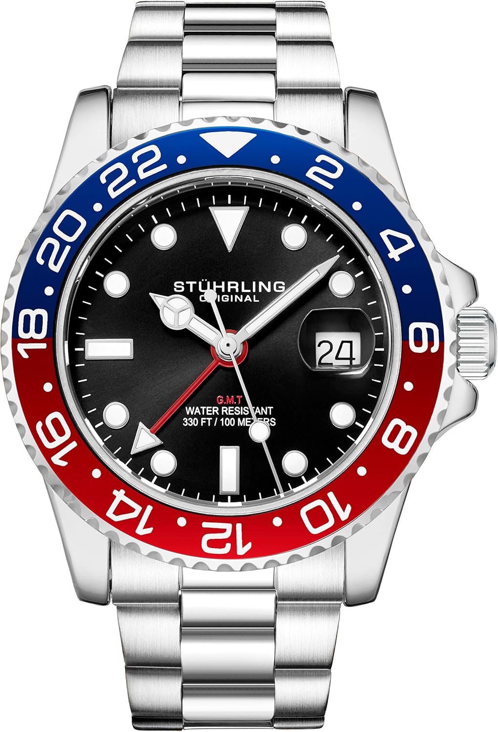 Stuhrling Original Men's Stainless Steel GMT Watch Quartz - 42mm Quartz Analog Wrist Watch for Men, Mens Quartz Watch, Stainless Steel Case