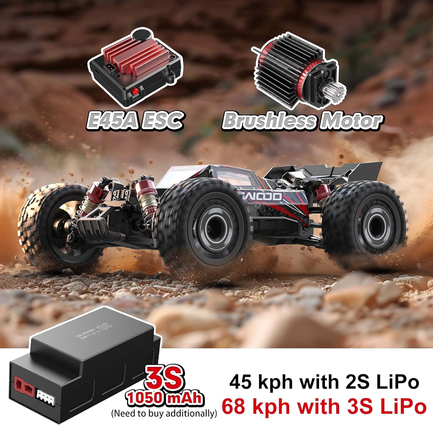 1:16 Fast RC Car, Brushless 42MPH Remote Control Car for Adults - High Speed 4WD RTR RC Truck with 2 LiPo Batteries & DIY Body, JC16EP Red