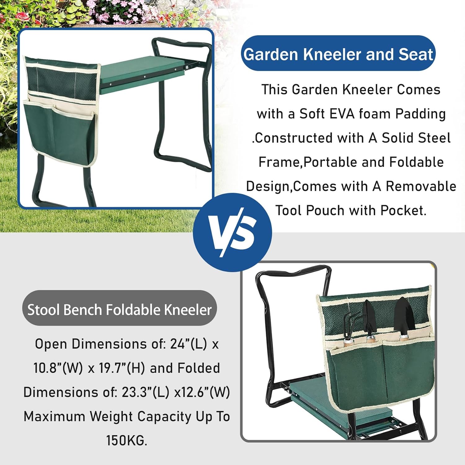 WFLNHB Garden Kneeler and Seat Stool Bench Foldable Kneeler Portable Garden Folding Stool with Tool Pouch and Soft Kneeling Pad