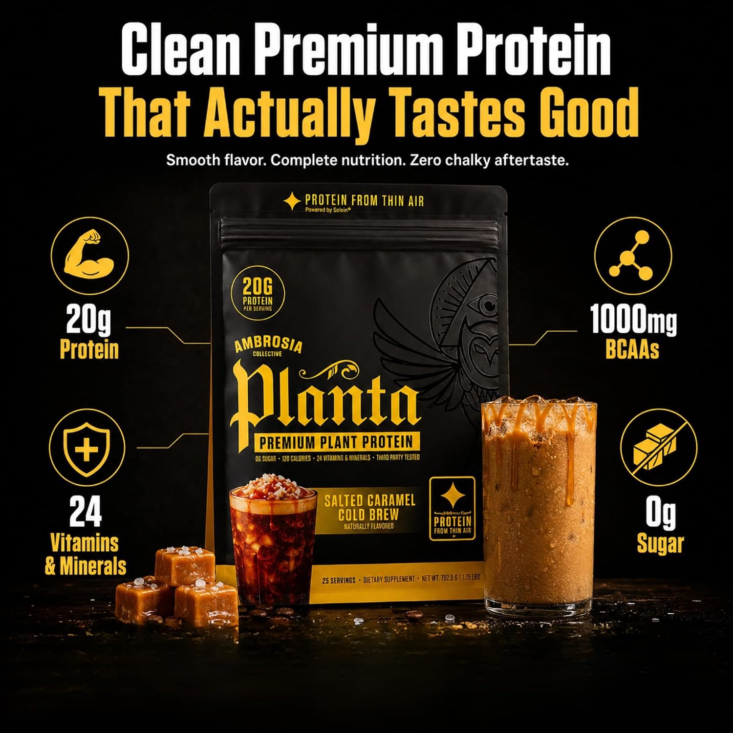 Ambrosia Plant Based Protein Powder 20g | Clean Vegan Pea Protein Powder | Gluten & Dairy Free, Keto Friendly, No Added Sugar | 25 Servings | Banana Maple