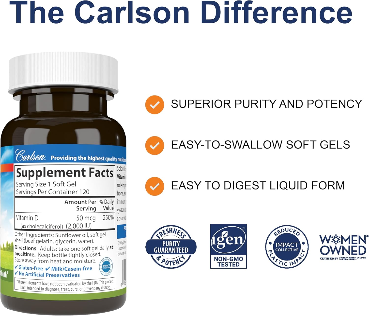 Carlson Vitamin D3, 2000 IU (50 mcg), Bone Health, 120 Softgels | Muscle Health; Cholecalciferol; Vitamin D Supplements; Vitamin D3 Soft Gels