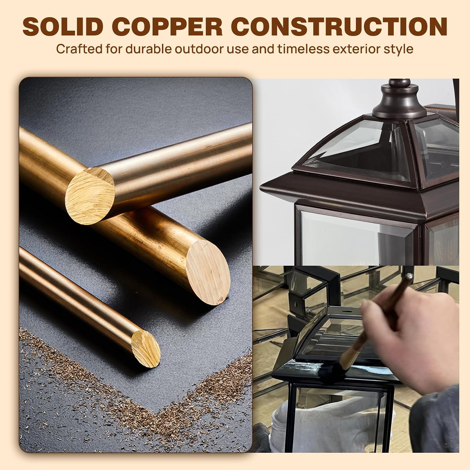 Solid Copper Outdoor Wall Light, 18.5" Oil Rubbed Bronze Porch Lantern with Clear Beveled Glass, Exterior Wall Sconce for Front Door, Garage