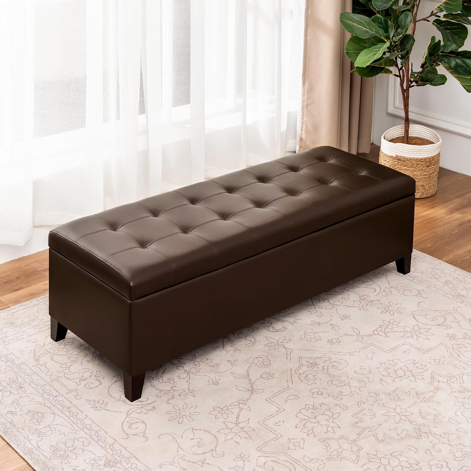 51 Inch Storage Bench,Leather Tufted Storage Ottoman with Legs | Safety Hinges,Wooden Legs,Upholstered,End of Bed,Bedroom,Living Room,Entryway,330LBS,Brown