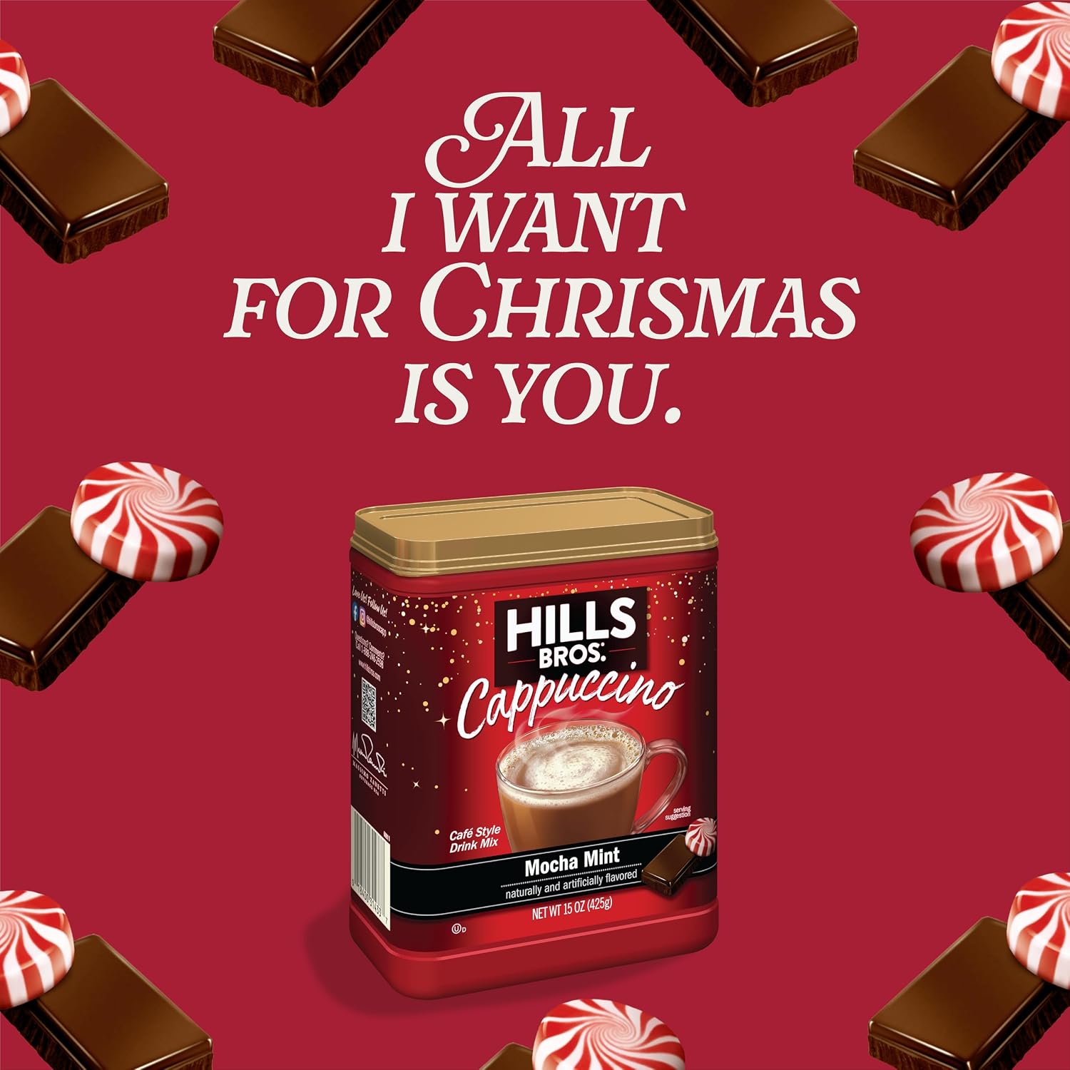 Hills Bros. Cappuccino Mix – Rich, Frothy Coffeehouse-Tasting Instant Drink Mix – Quick and Easy Preparation – Perfect for Hot & Iced Drinks & Creaming Coffee – Double Mocha, 1 Pack of 16oz