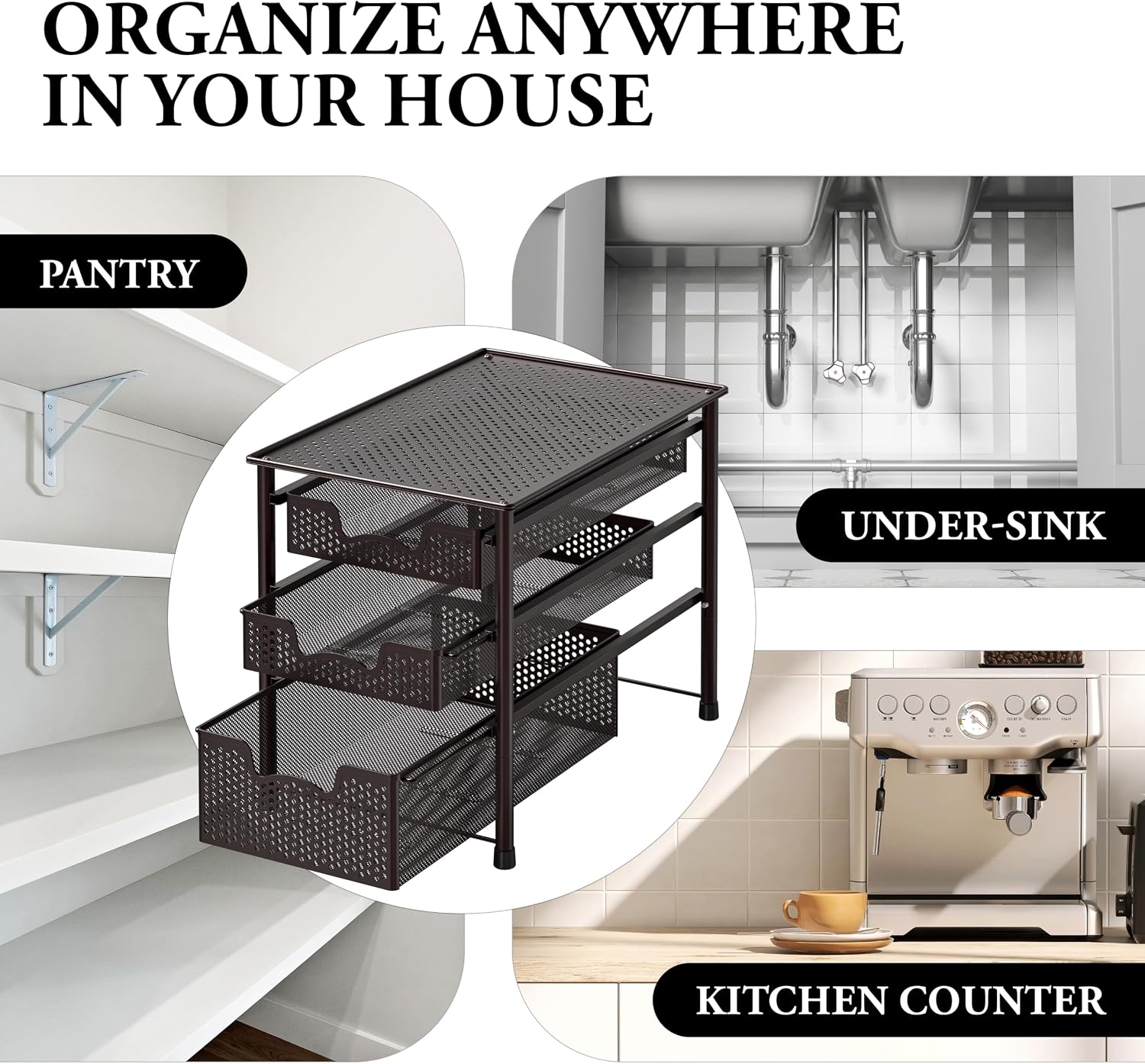 Simple Houseware Stackable 3 Tier Sliding Basket Organizer Drawer, Silver