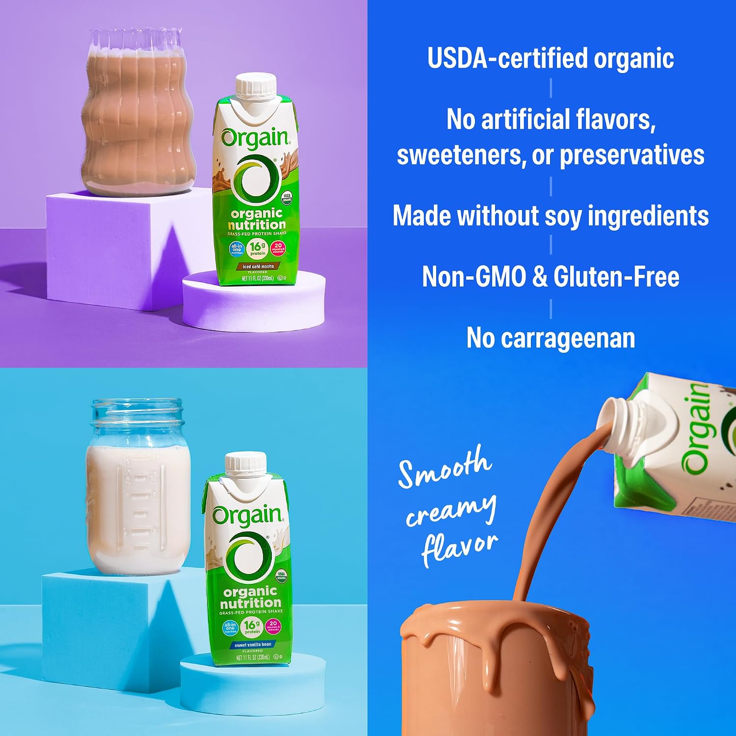 ORGAIN Organic Creamy Chocolate Fudge Shake 12 Pack, 11 FZ | Ready to drink grass-fed dairy protein, meal replacement, 20 vitamins & minerals, fruits & vegetables, non-GMO, gluten-free