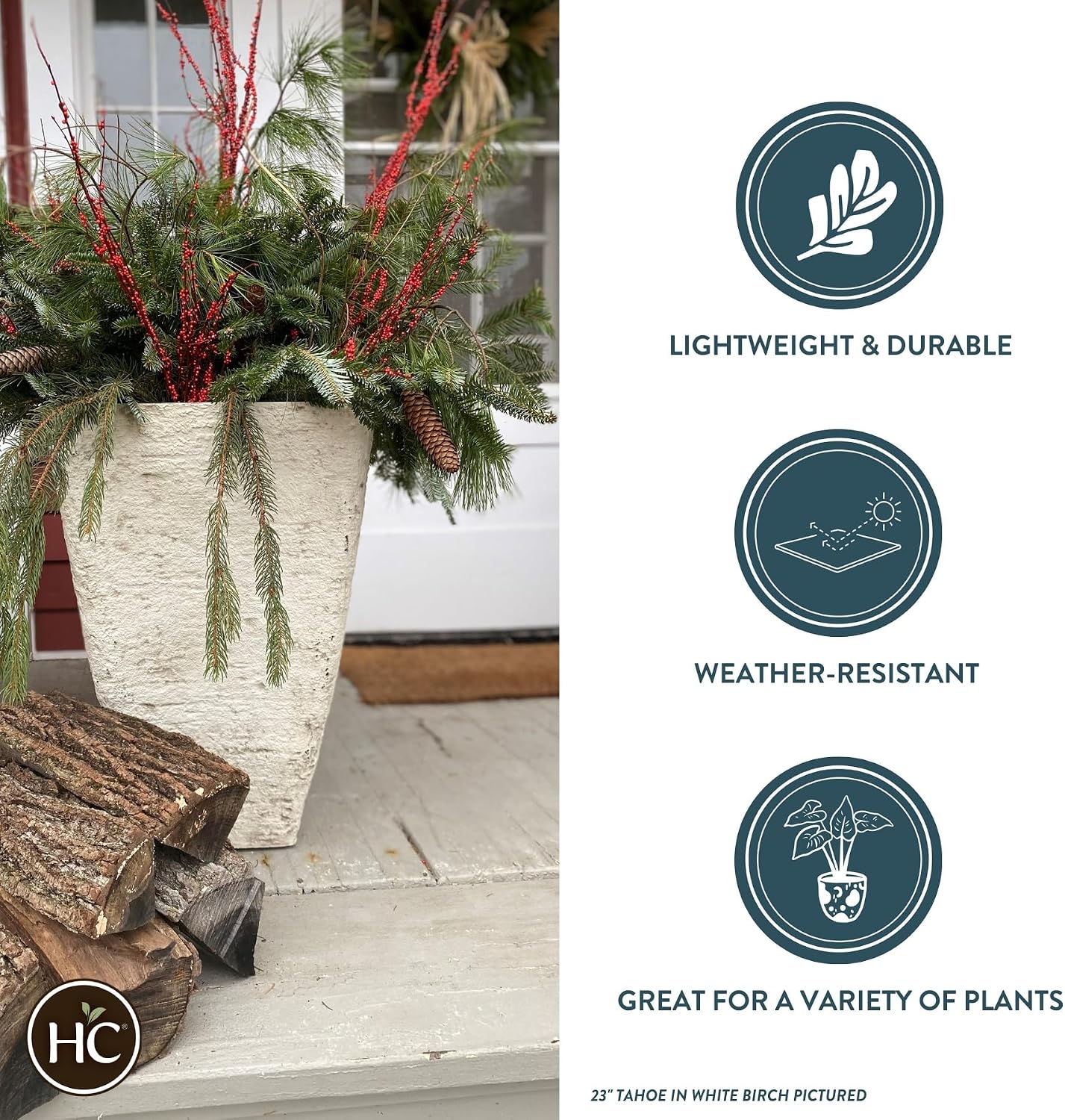 The HC Companies Tahoe Tall Square Planter - Weather-Resistant Indoor & Outdoor Plant Pot - Premium Decorative Planter Made from Crushed Stone Resin (23”H, White Birch, Pack of 1)