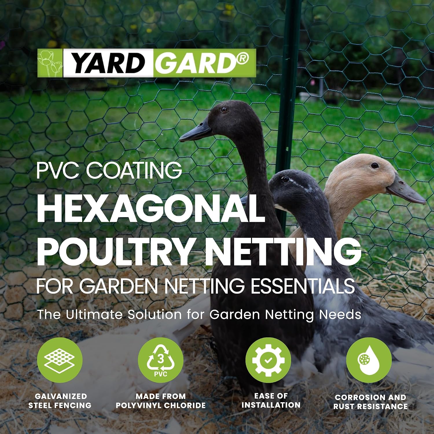 YardGard Galvanized PVC Coating Hexagonal Poultry Netting for Confinement and Support of Animals, Plants, Soil or Compost Materials, Green