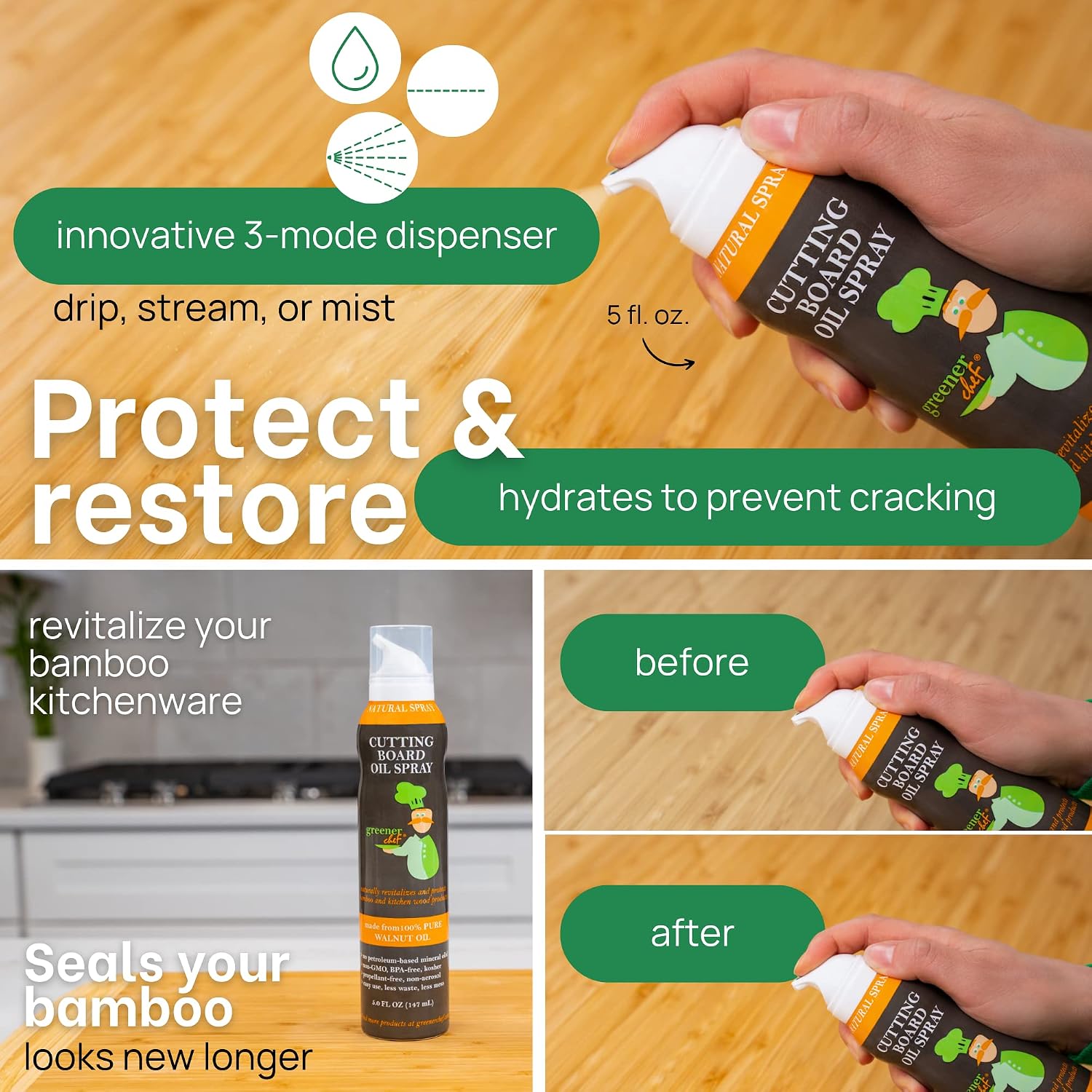 Greener Chef Non Toxic Cutting Board Oil - Innovative Spray for No Mess and Less Waste - Pure Italian Walnut Oil Conditioner for Wood Butcher Blocks