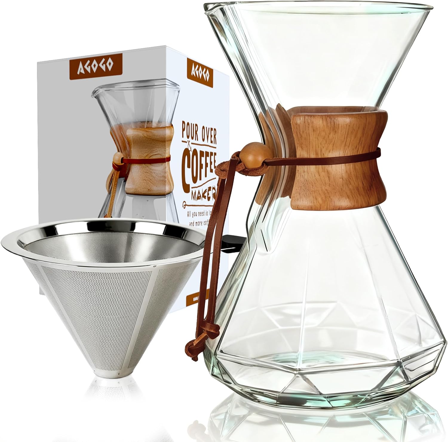 AGOGO Pour Over Coffee Maker Set, 34oz Classic Style, 304 Stainless Filter | Barista kit for home kitchen, Cafe, Camping & Office; 20oz-40oz Classic, Slim, Diamond styles; Includes brush & towel.