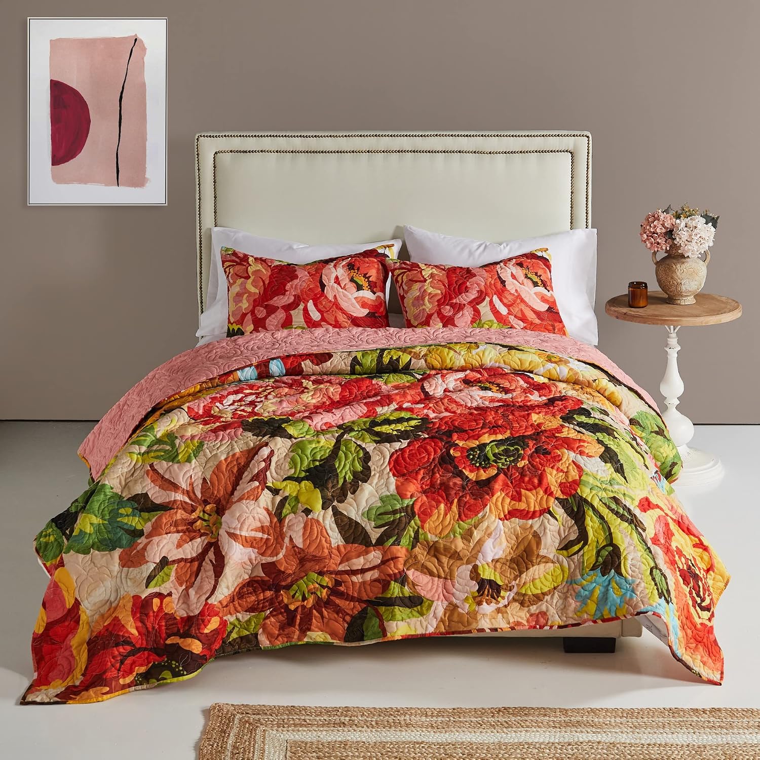 Greenland Home Fashions Ultra-Soft, Reversible, Brushed Microfiber Quilt Set, 3-Piece Full/Queen, Misty Bloom