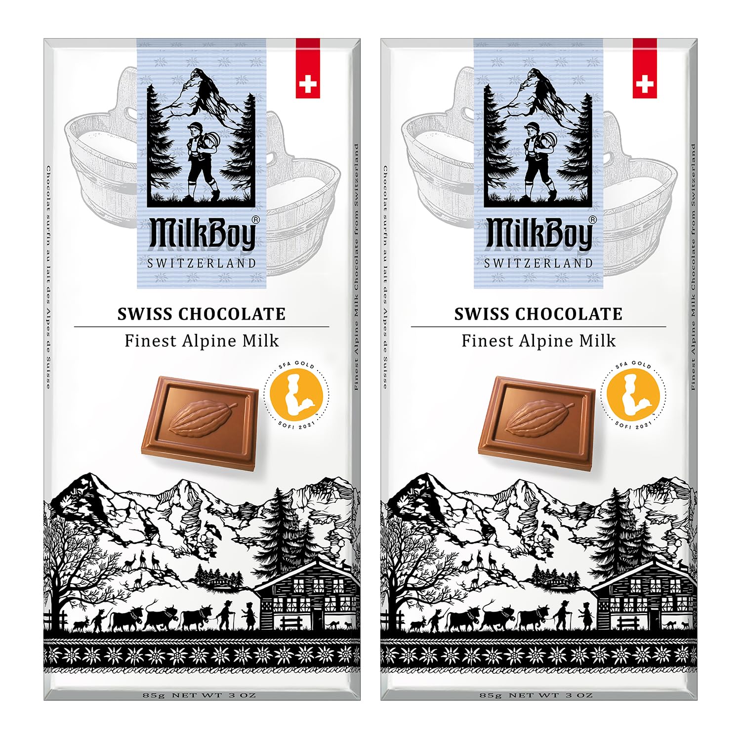 MilkBoy Swiss Chocolates Alpine Milk Chocolate Bars - 3 oz, 5 Pack | Premium gourmet treat with creamy milk. Rainforest Alliance certified cocoa. Gluten free. Kosher. Crafted in Switzerland.