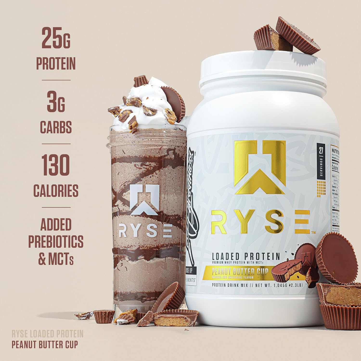 RYSE Loaded Protein Powder - Peanut Butter Cup - 25g Whey Protein Isolate & Concentrate with Prebiotic Fiber & MCTs - Low Carb, Low Sugar