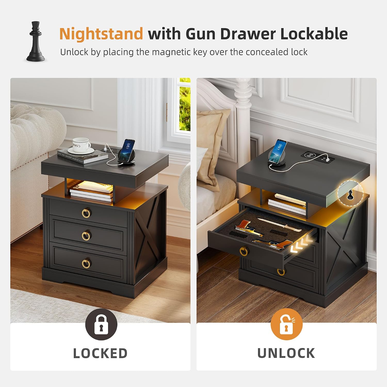 Lockable Night Stand with Gun Drawer,Charging Station,LED Lights,White | LED Nightstand with Charging Station,Farmhouse Bedside Table with 3-Color Light,End Table with 3 Drawers,Bedroom